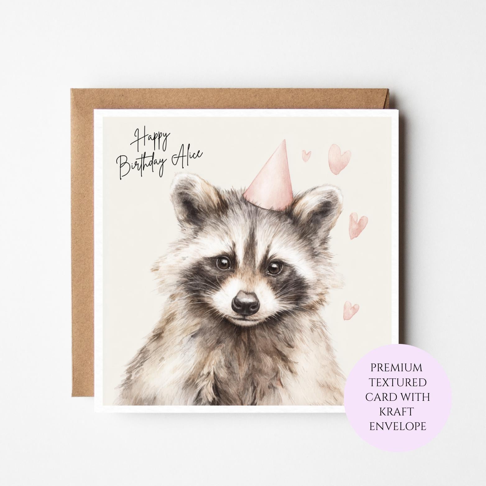 Personalised Raccoon Birthday Card – Watercolor Woodland Animal Illustration