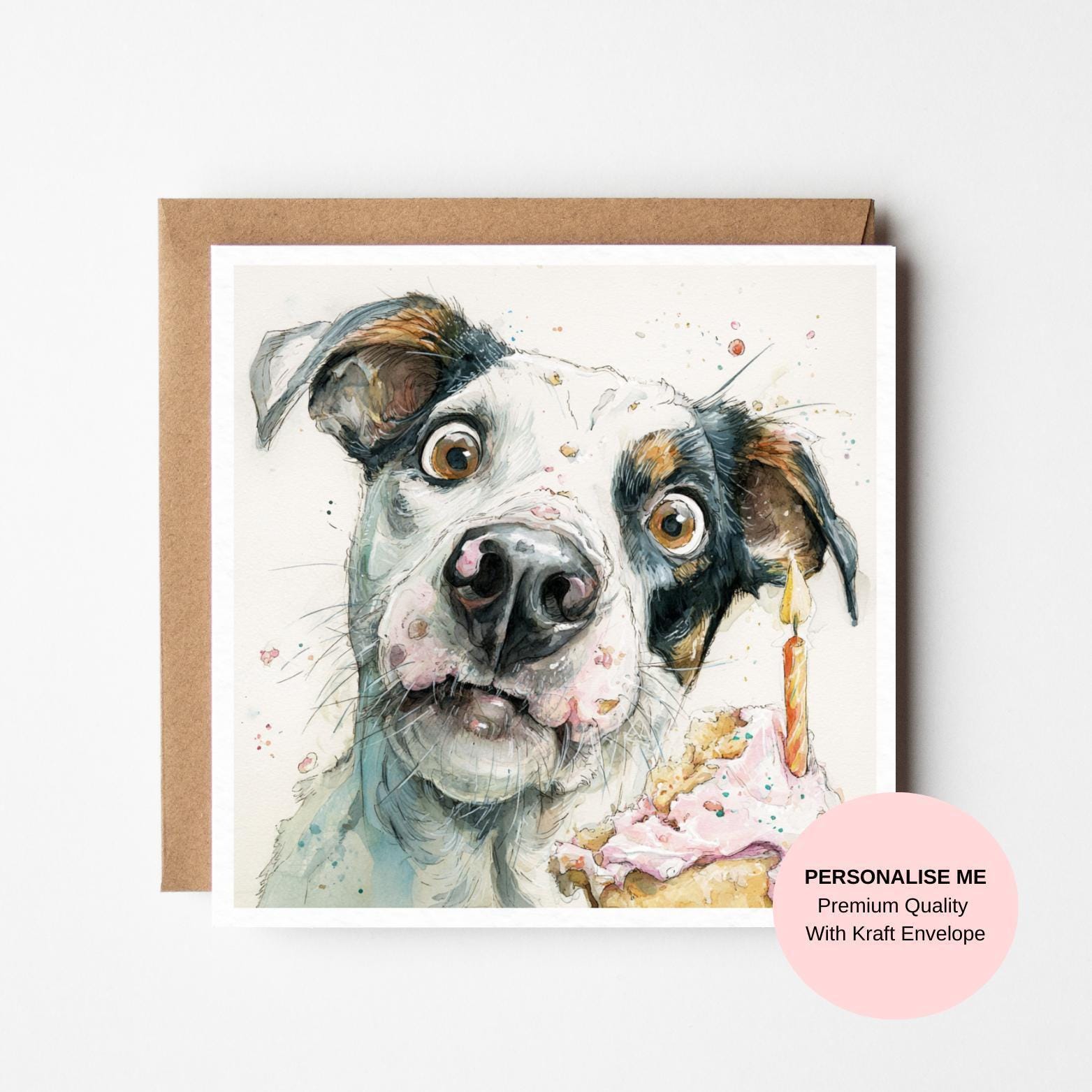 Funny Dog Birthday Card: Watercolor Dog with Cake, Customizable Message