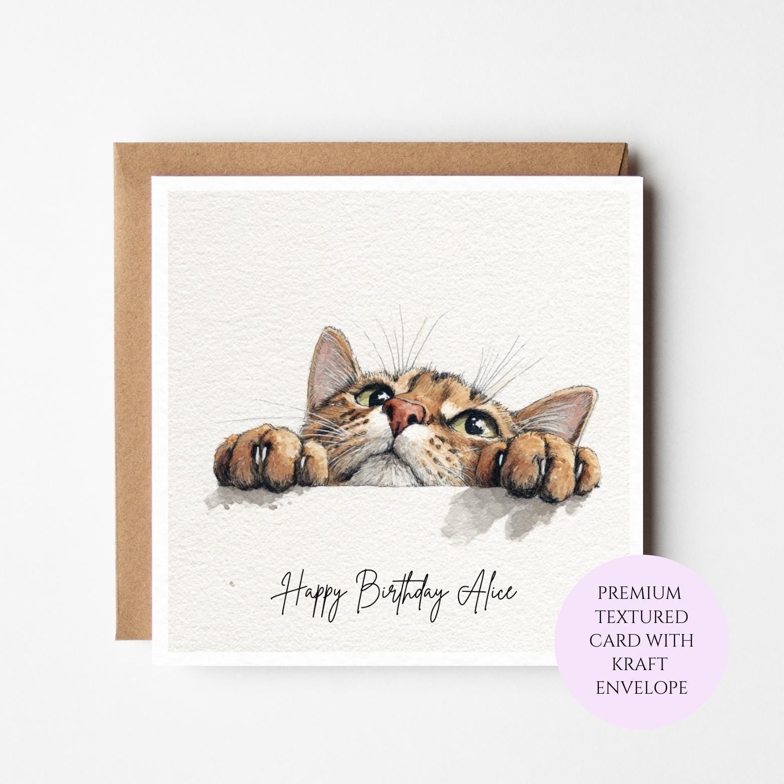 Personalised Watercolour Cat Birthday Card – Peekaboo Kitten for Her