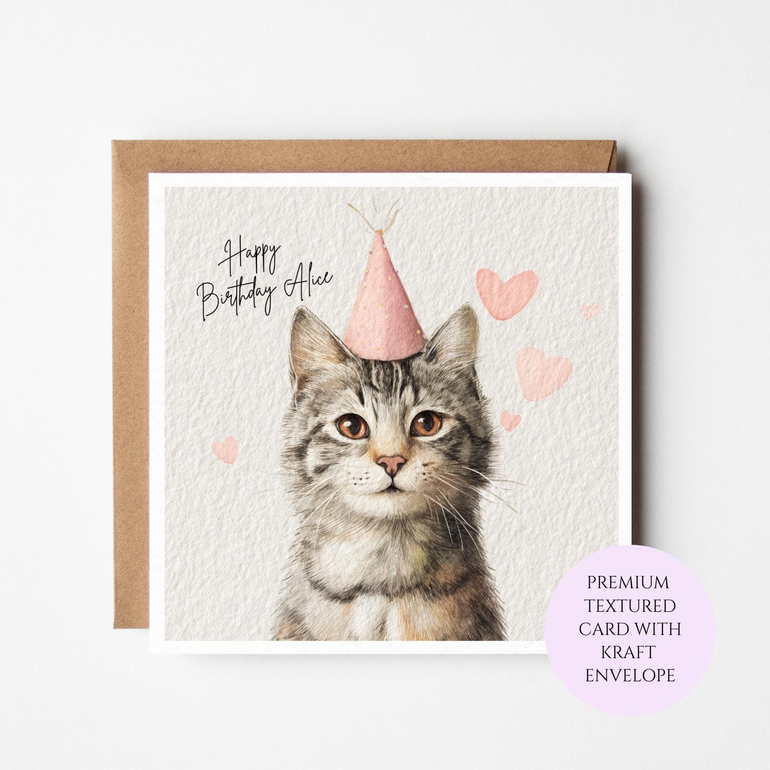 Personalised Grey Cat Birthday Card – Watercolor Kitten Illustration, Sister Friend Mum Gift