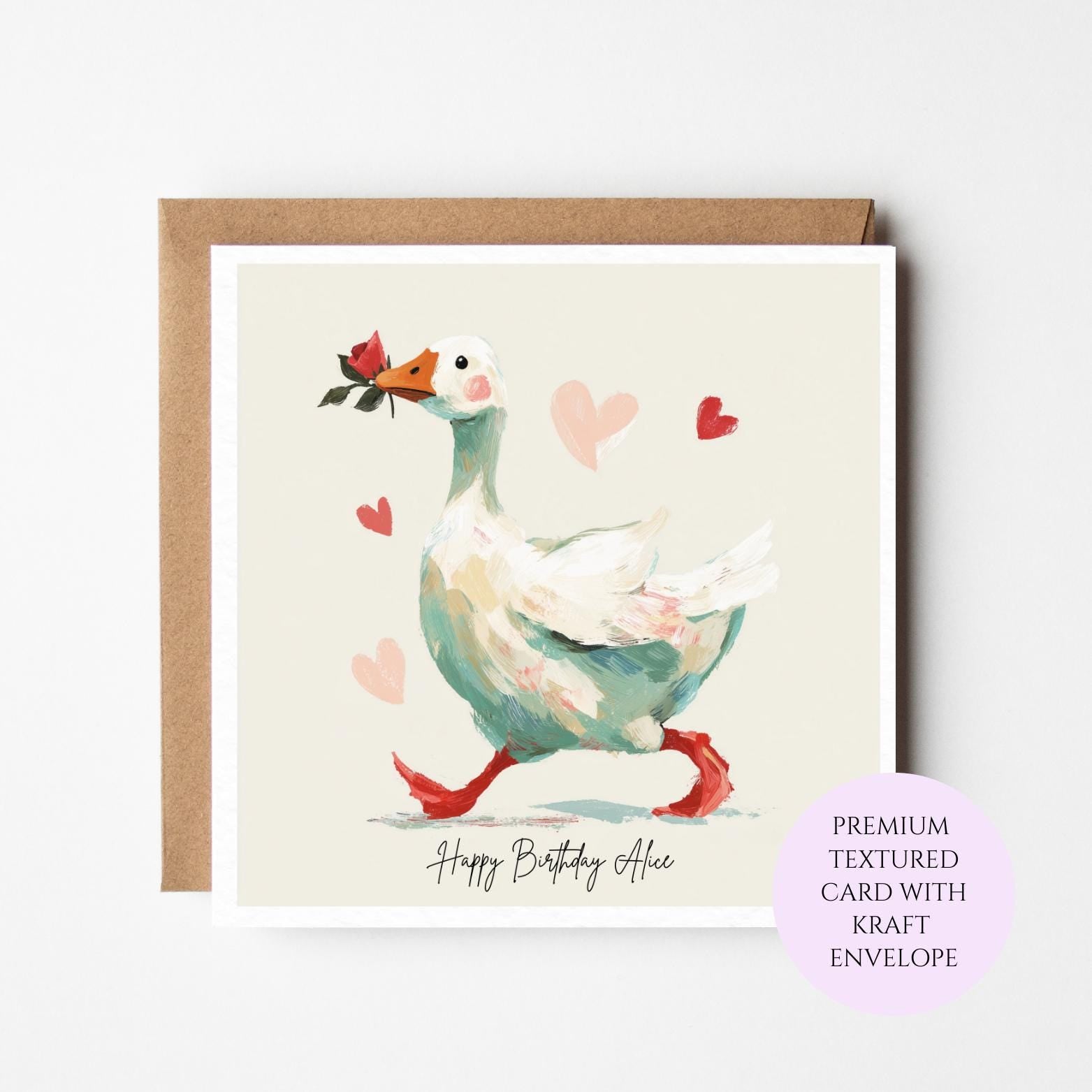 Whimsical Goose Birthday Card: Watercolor Illustration with Rose, Animal Lover Gift