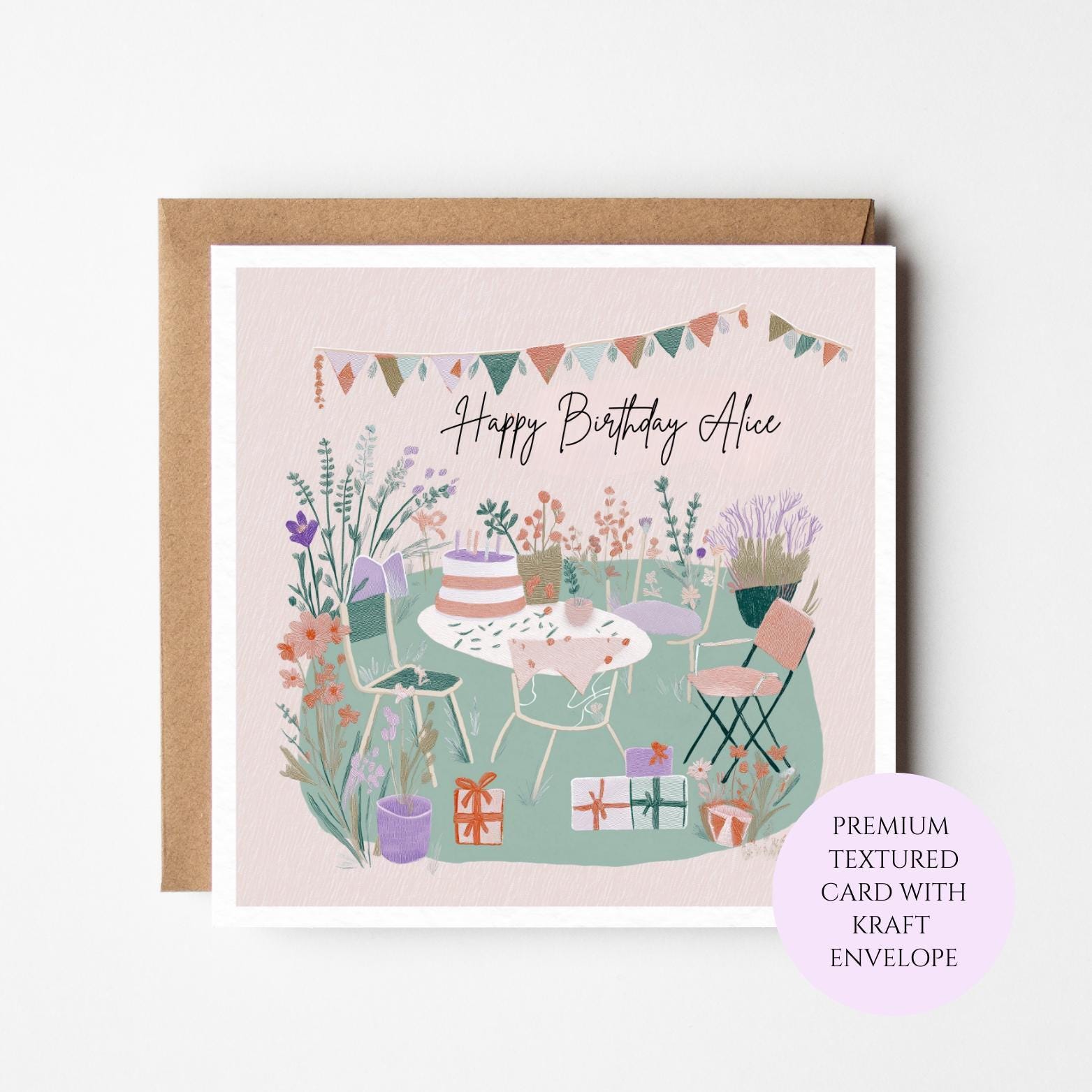 Personalised Garden Party Birthday Card – Floral Bunting, Outdoor Celebration Illustration