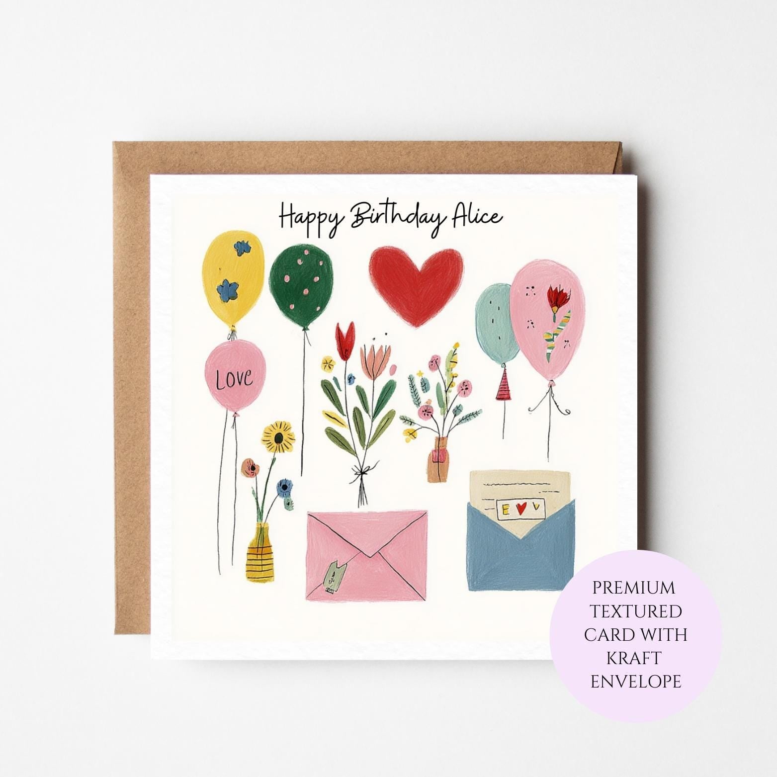 Birthday Card: Colourful Balloons, Flowers, Love Letter Motif (Blank Inside)