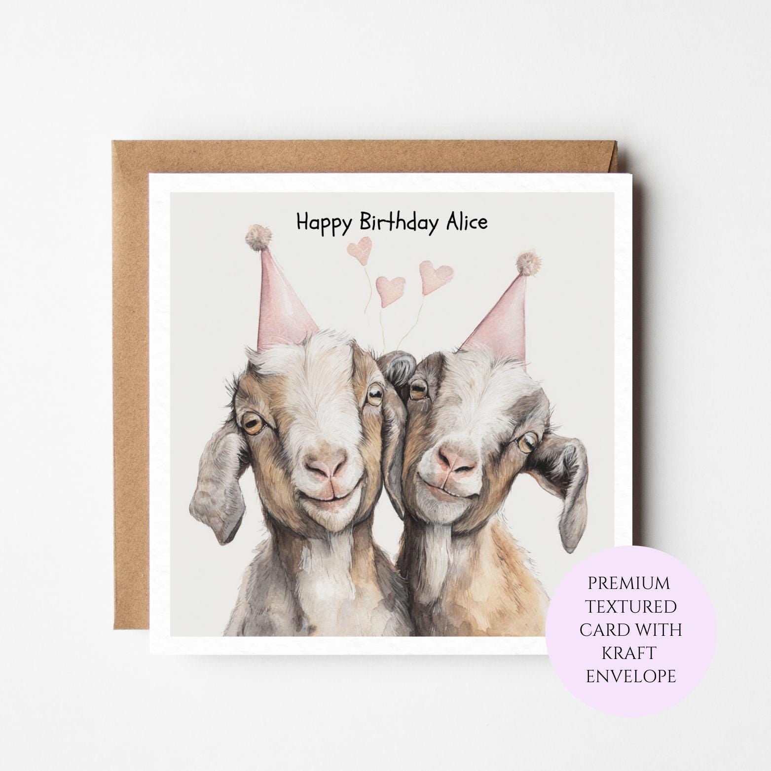 Goat Couple Birthday Card: Farm Animal Whimsy, Festive Party Hats