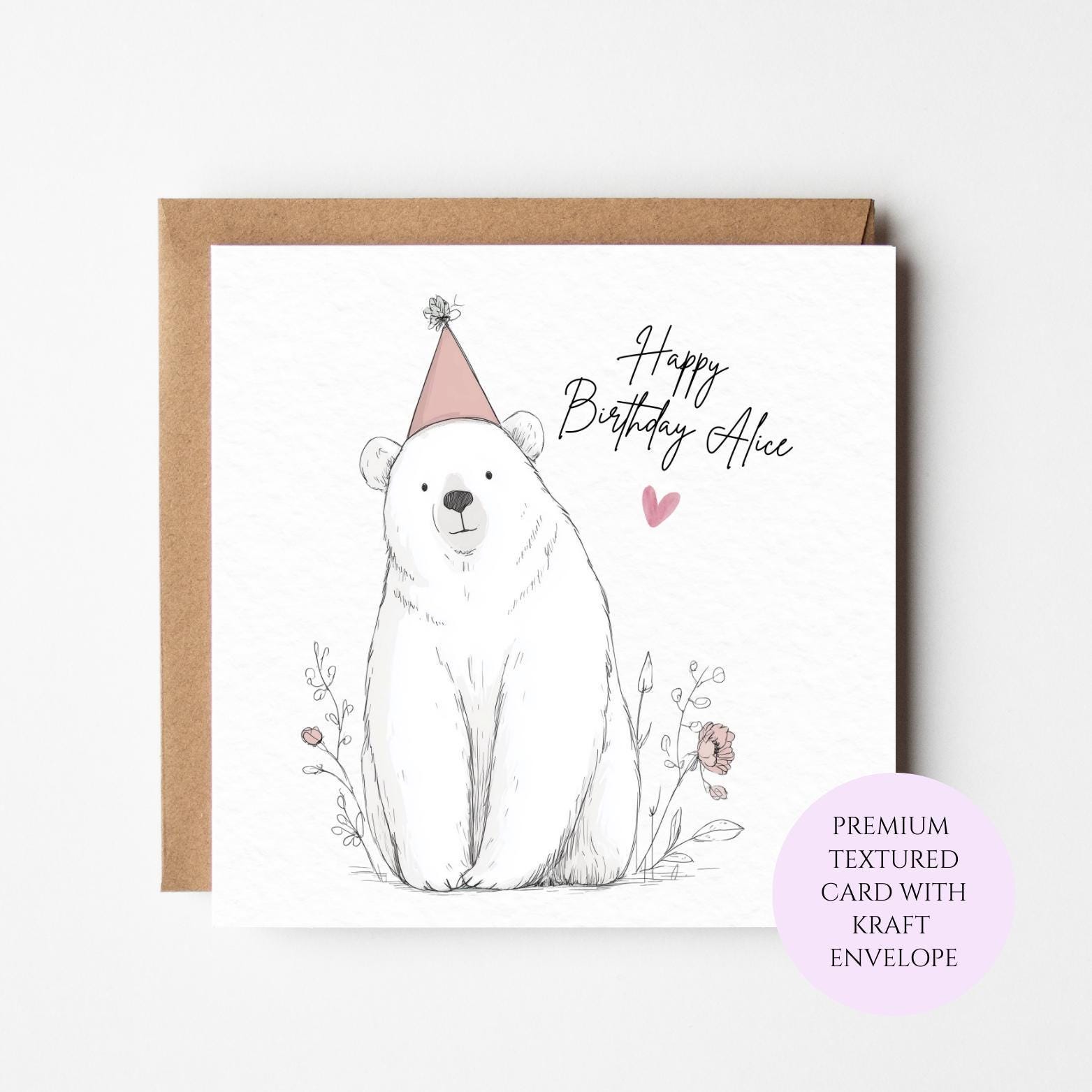 Polar Bear Birthday Card: Hand-Drawn Animal Illustration, Floral Accents, Friend Sister Mum