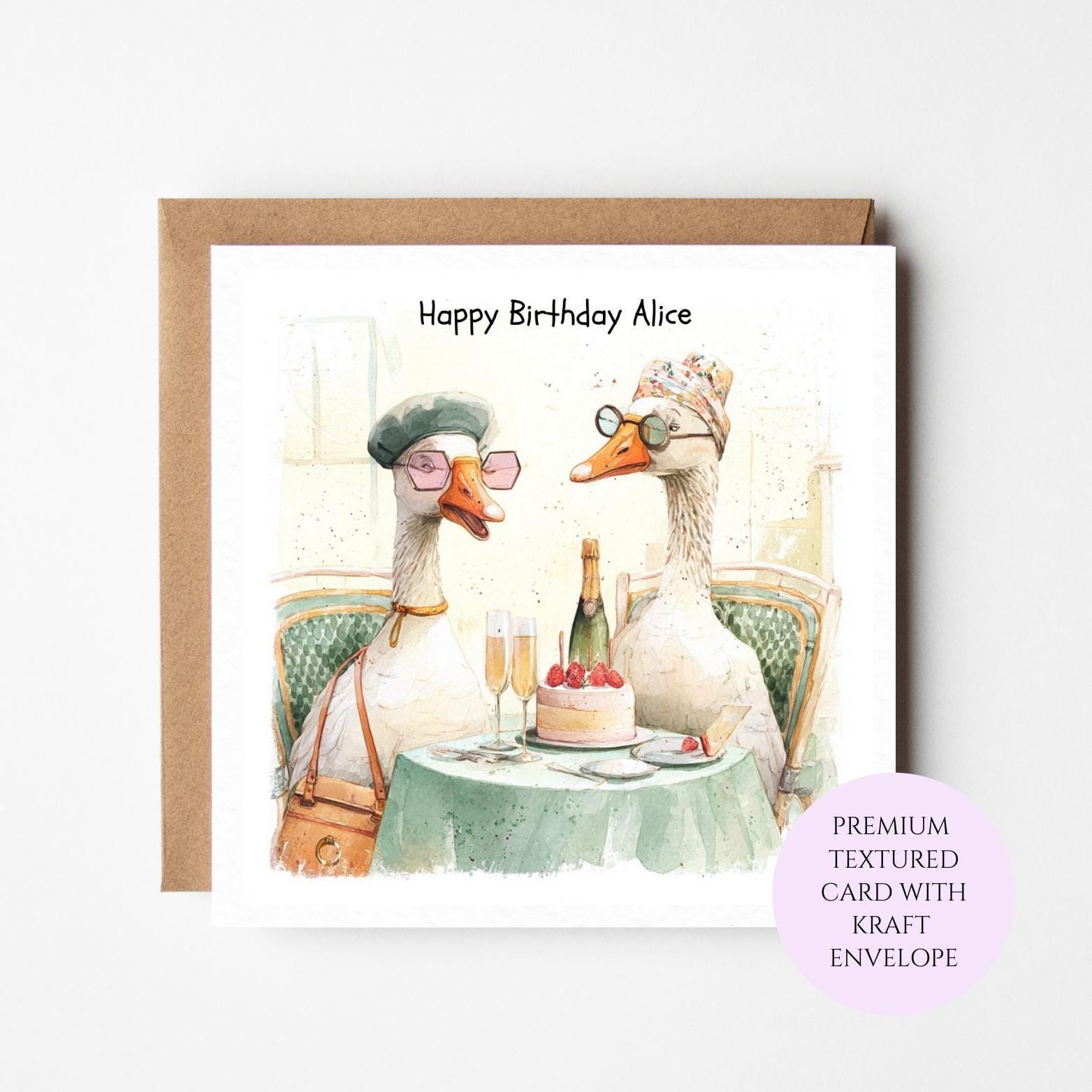 Goose Couple Dinner Date Birthday Card – Quirky Animal Friend Greeting