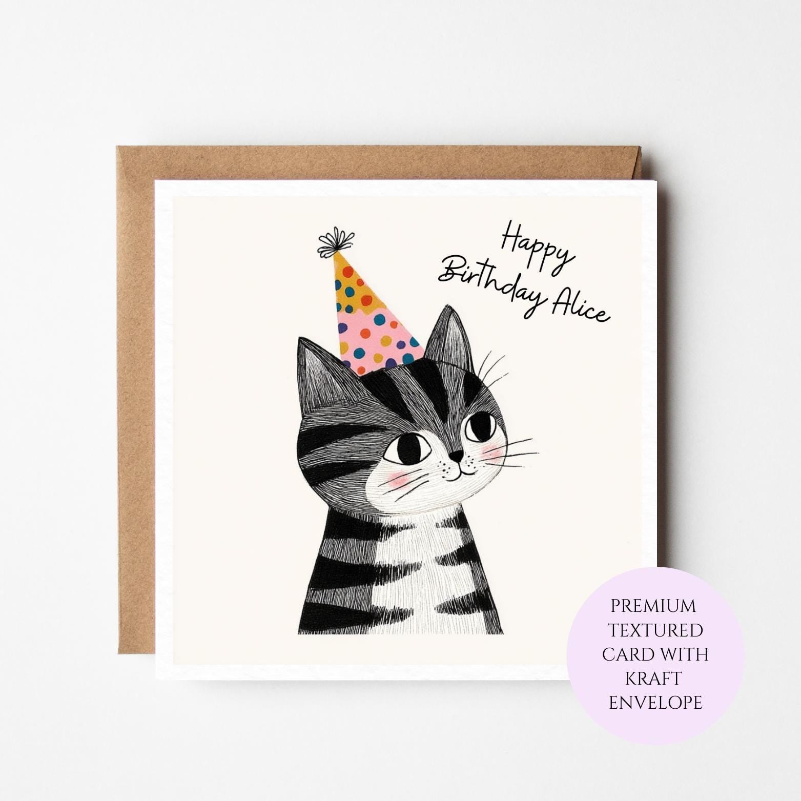 Tabby Cat Birthday Card with Party Hat, Feline Lover Greeting Card