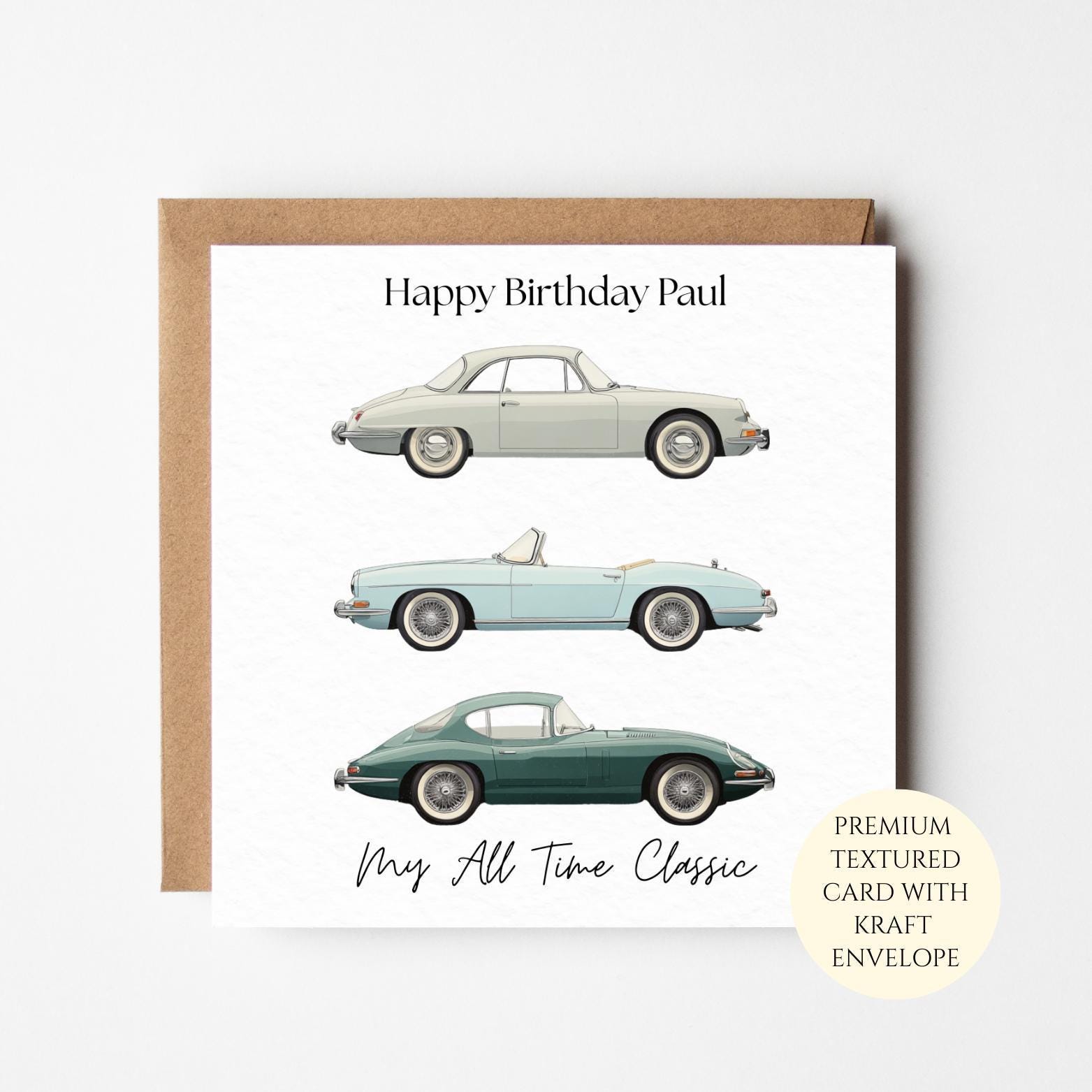 Classic Car Birthday Card | Vintage Automotive Illustration for Him