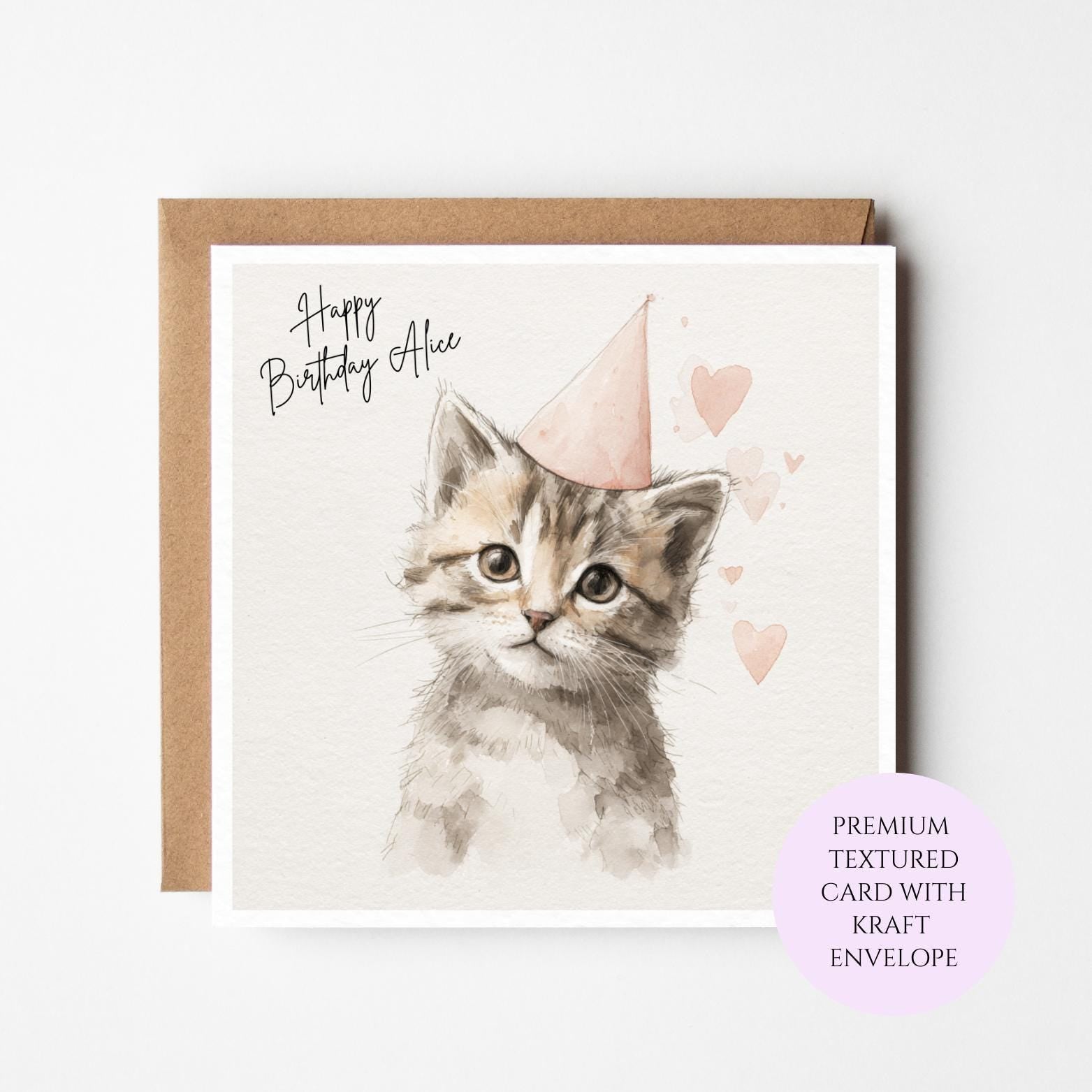 Personalised Calico Kitten Birthday Card – Watercolor Cat Lover Greeting for Her
