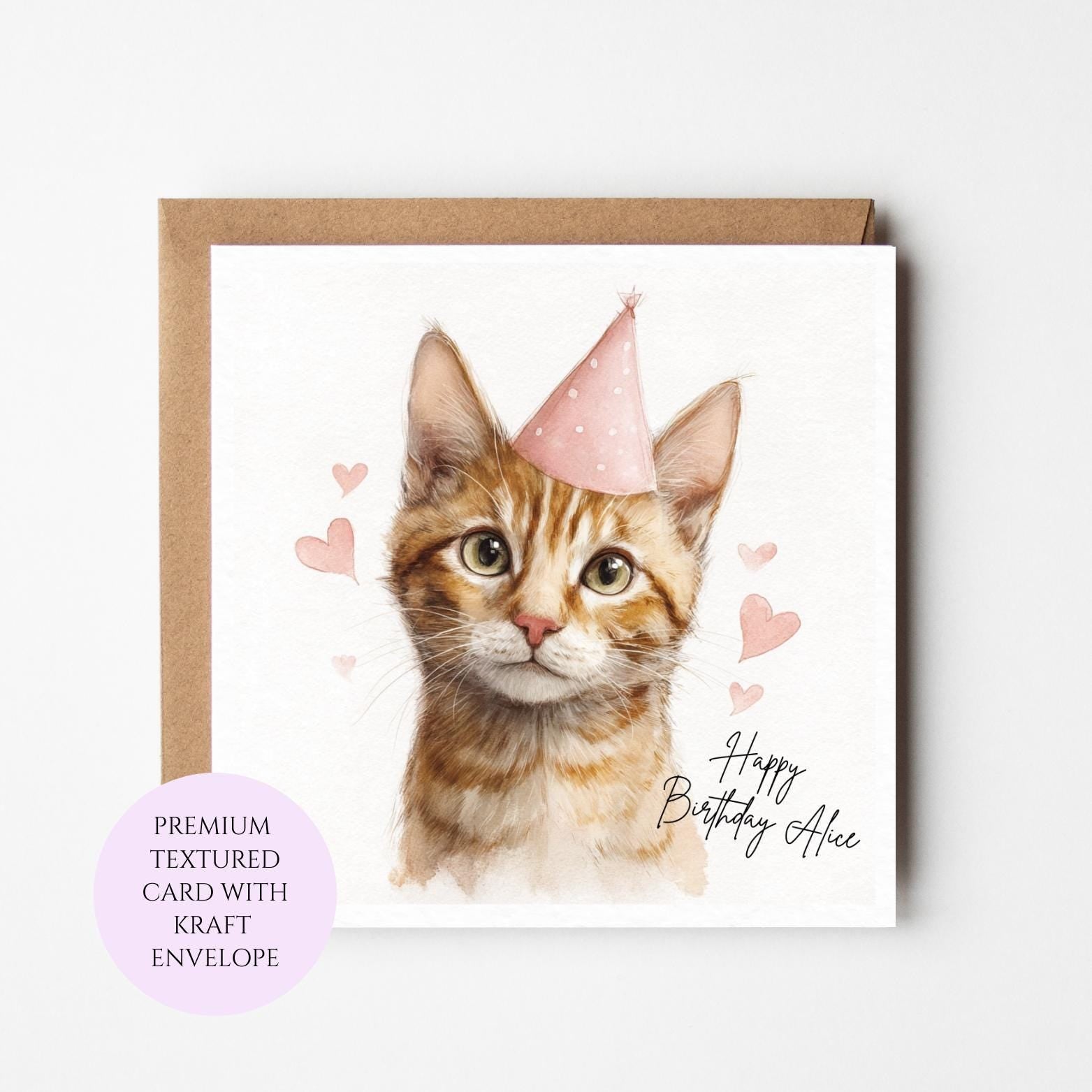Personalised Ginger Kitten Birthday Card – Watercolour Cat Art for Her