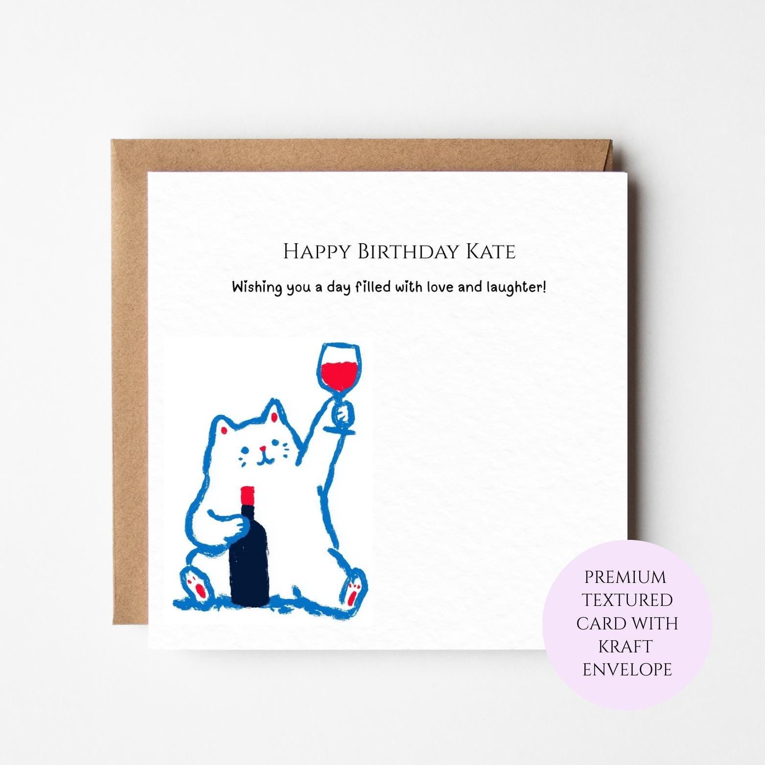 Funny Cat Birthday Card, Wine Lover Humor Greeting Card for Friend