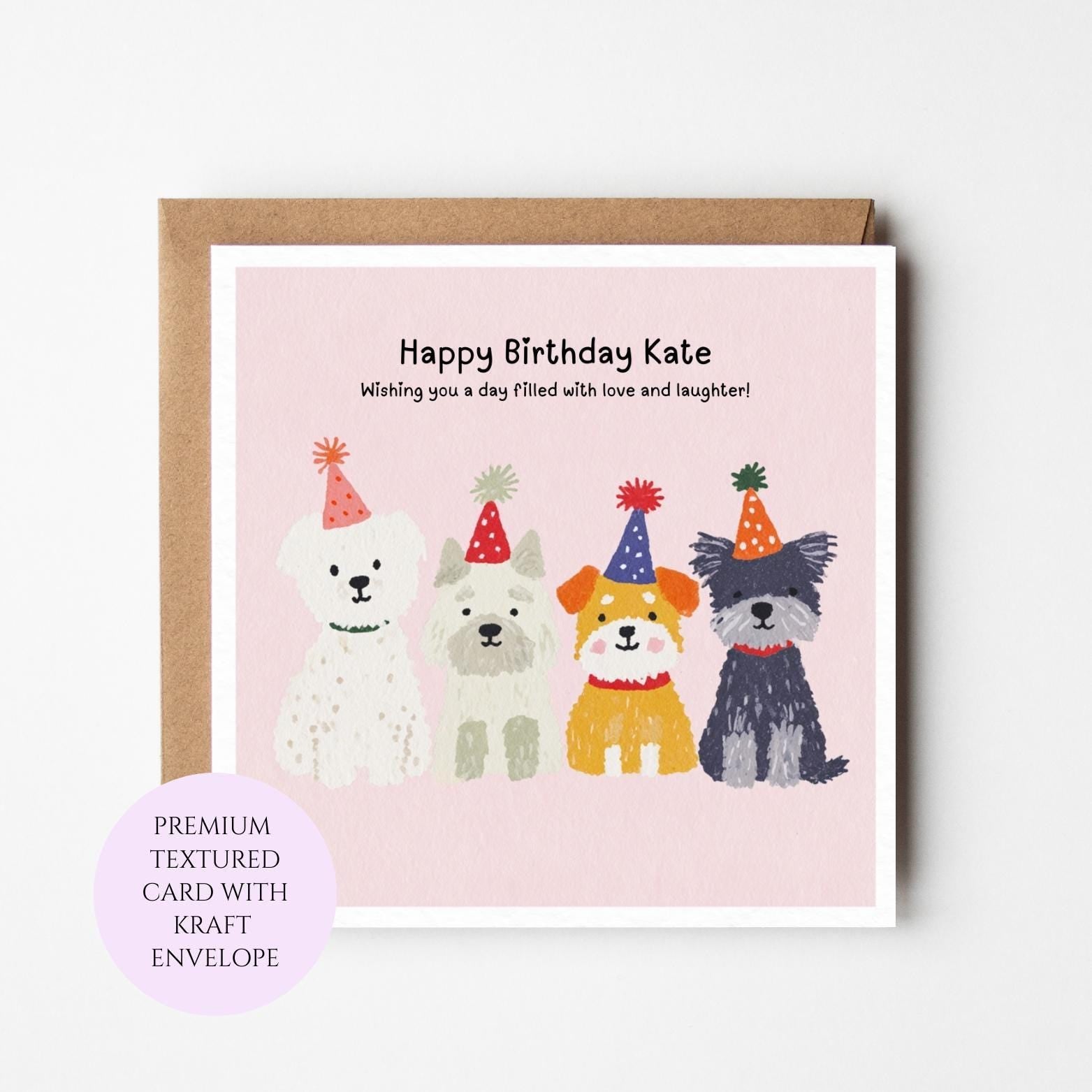 Dog Birthday Card: Four Pups in Party Hats, Dog Lover Greeting