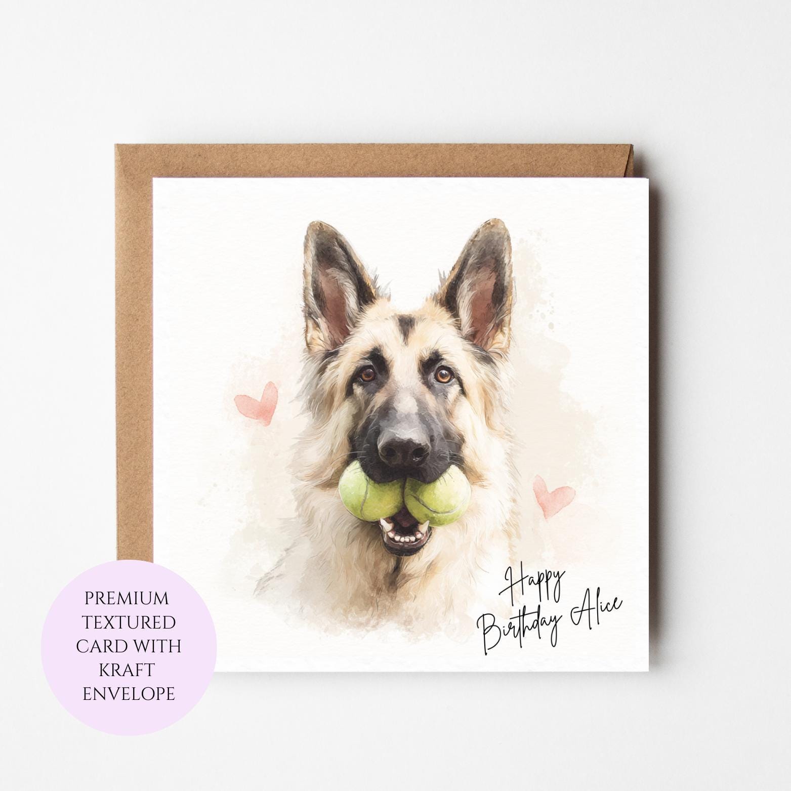 German Shepherd Birthday Card: Watercolor Dog with Tennis Balls, Hearts