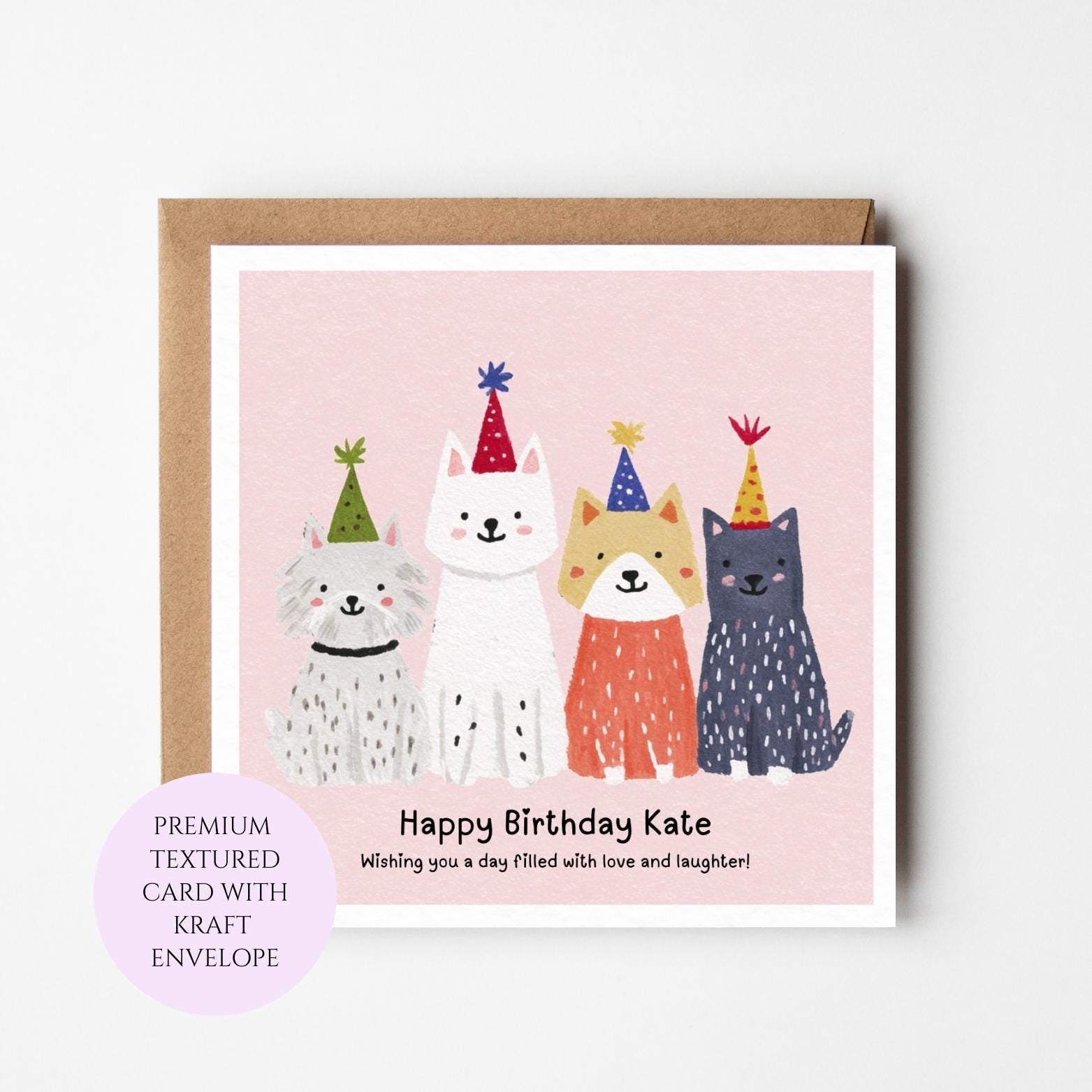 Dog Birthday Card: Whimsical Puppies with Party Hats, Blank Inside, Kraft Envelope