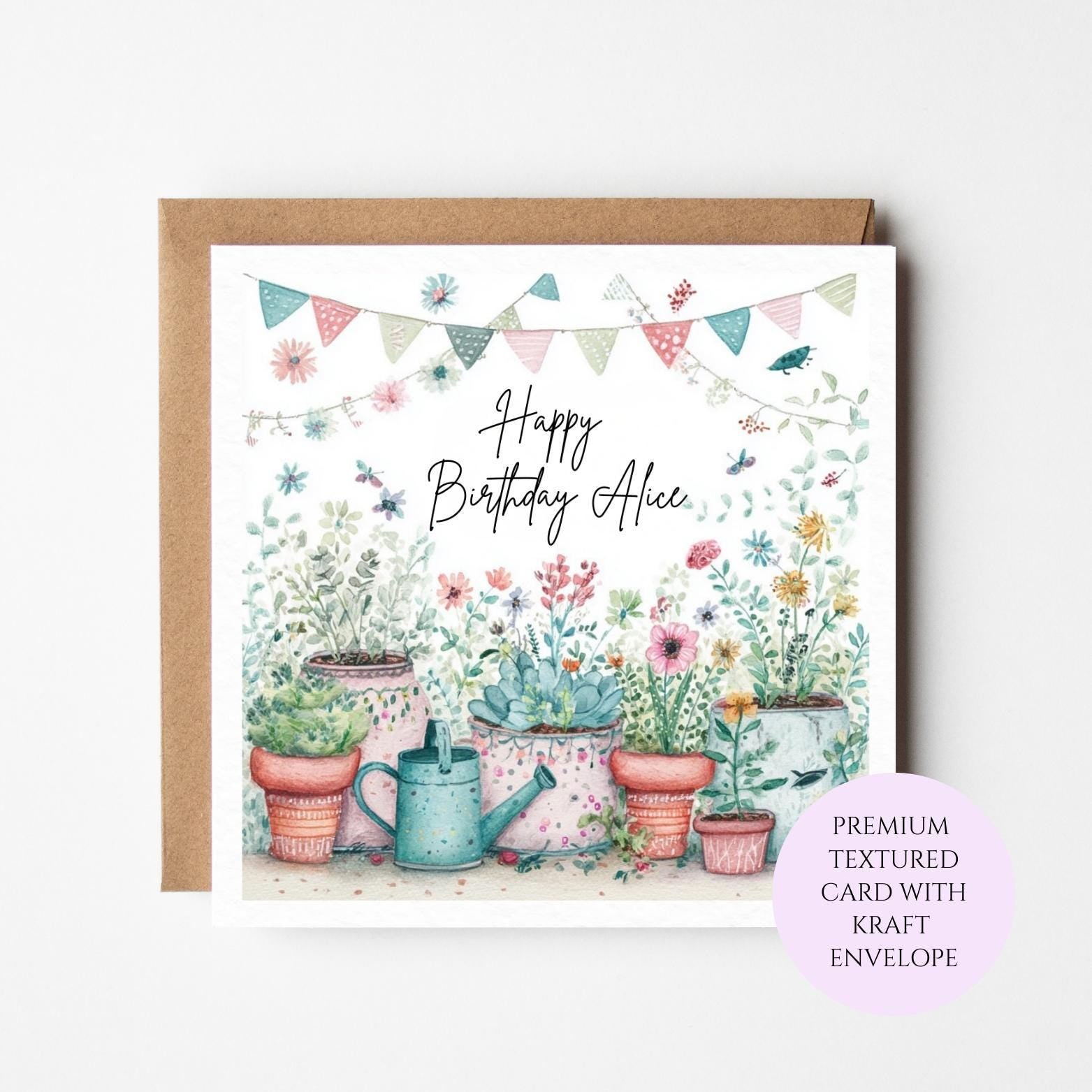 Watercolour Garden Birthday Card for Plant Lovers, Potted Flowers Greeting Card