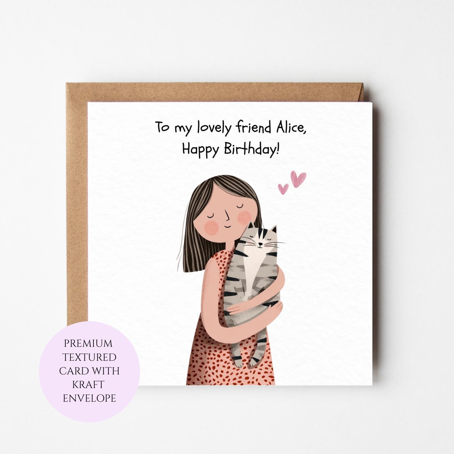 Cat Lover Birthday Card, Friend, Animal Illustration, Textured Card (Kraft Envelope)