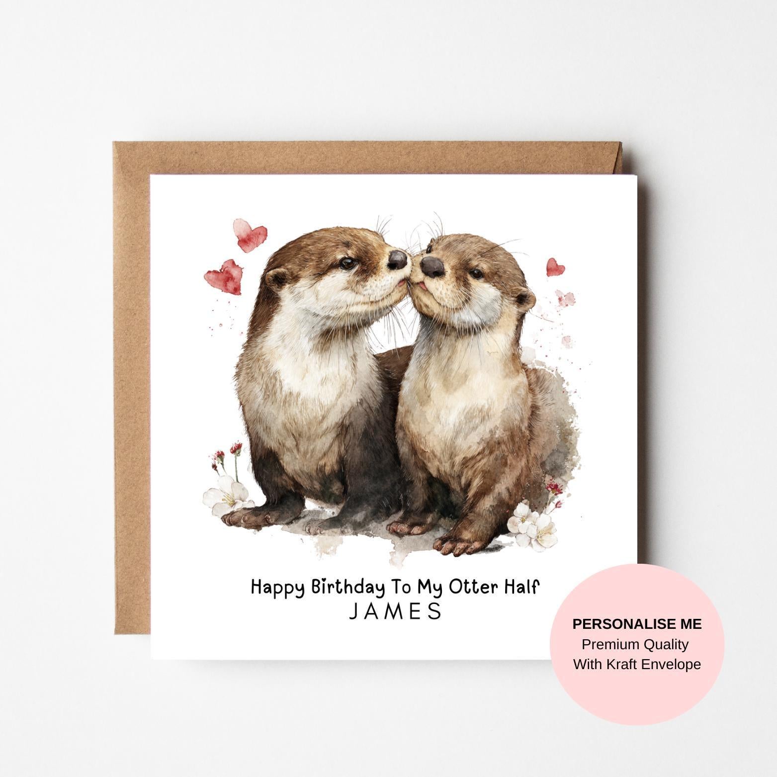Husband Birthday Card: Romantic Otters Art (Personalized Message)