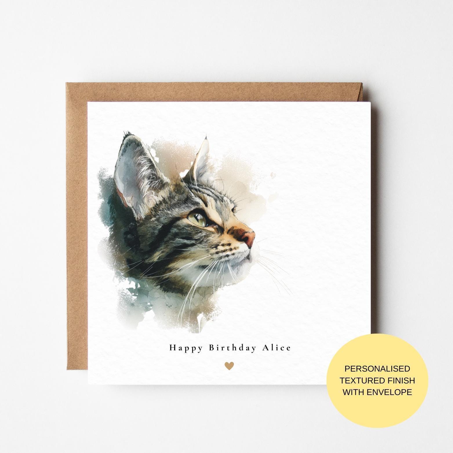 Watercolor Cat Birthday Card - Blank Inside with Envelope