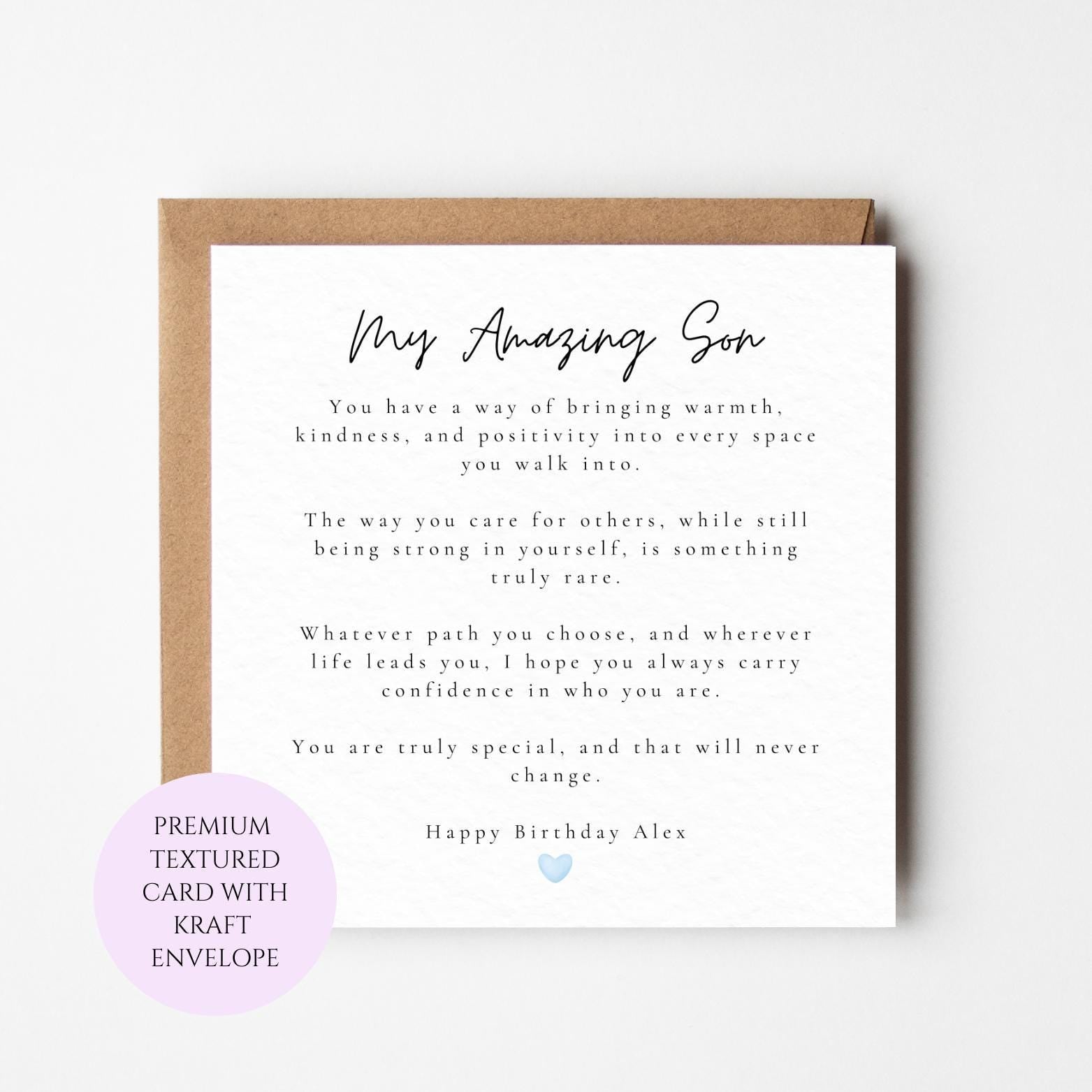 Personalised Birthday Card for Son, Meaningful Message, Textured Card (Kraft Envelope)
