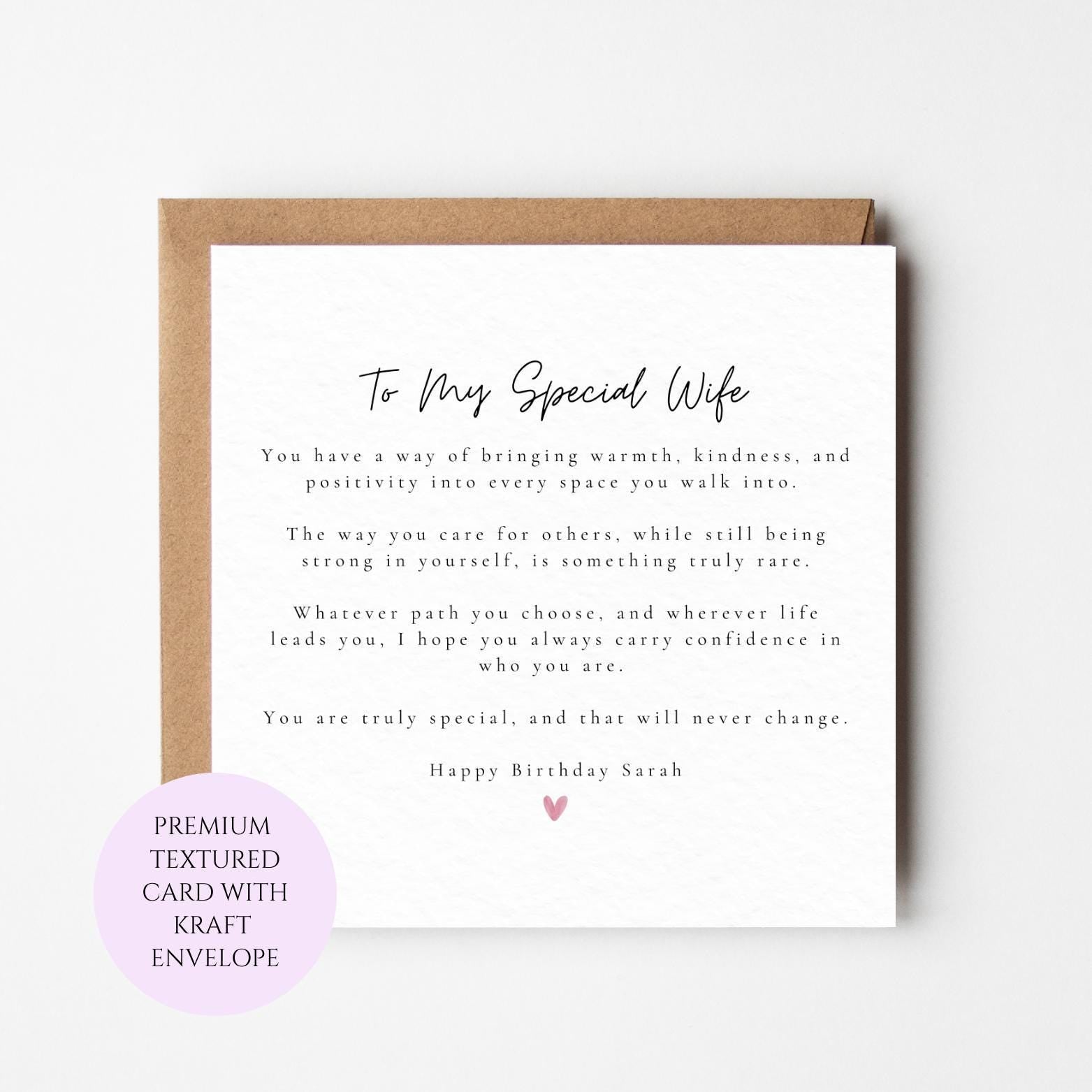 Personalised Birthday Card for Wife, Heartfelt Message, Textured Card, Kraft Envelope
