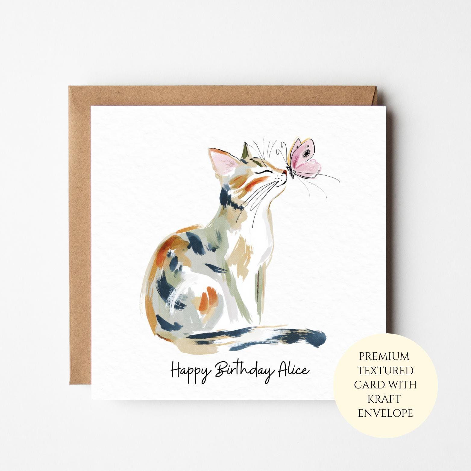 Cat Birthday Card: Floral Watercolor Illustration (Textured Paper)