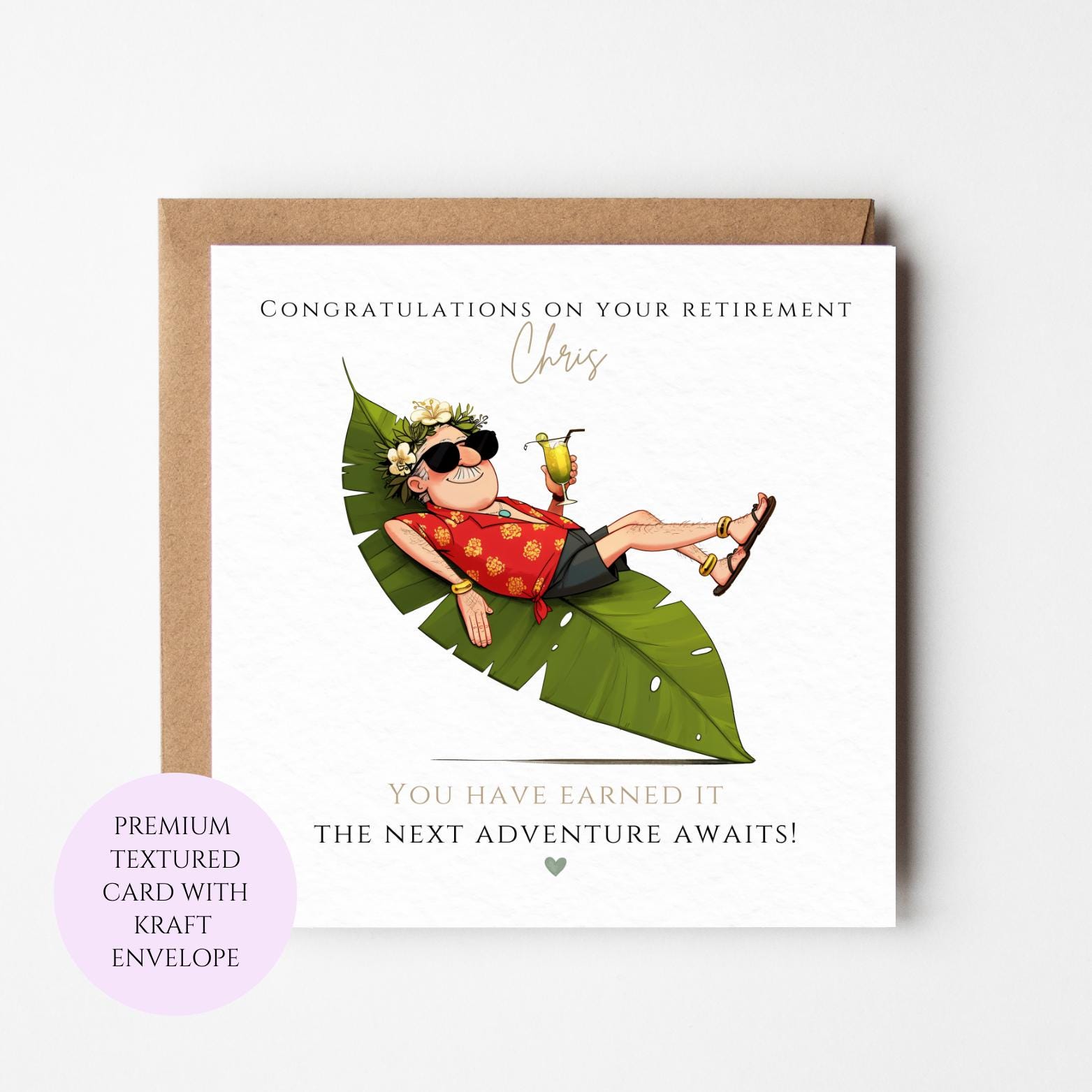 Funny Beach Retirement Card, Tropical Relaxation Congratulations, Textured Card (UK Made)