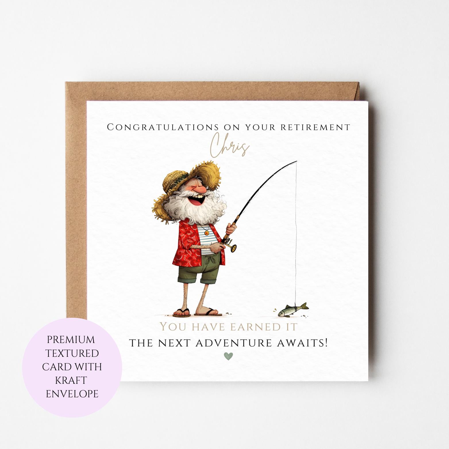 Fishing Retirement Card for Him, Watercolour Fisherman Congratulations Card, Textured Cardstock (150x150mm)