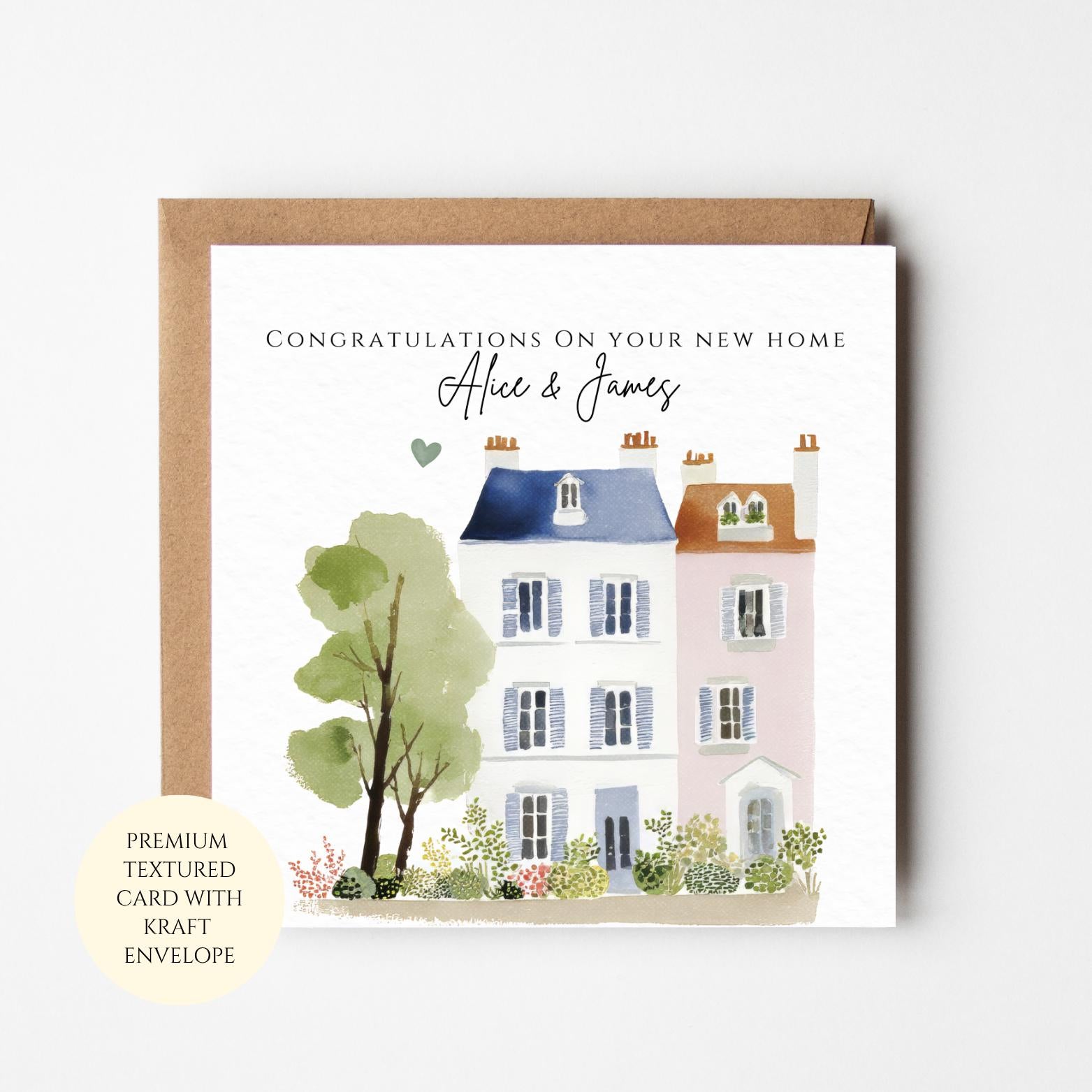 New Home Card - Personalised Townhouse Illustration with Trees