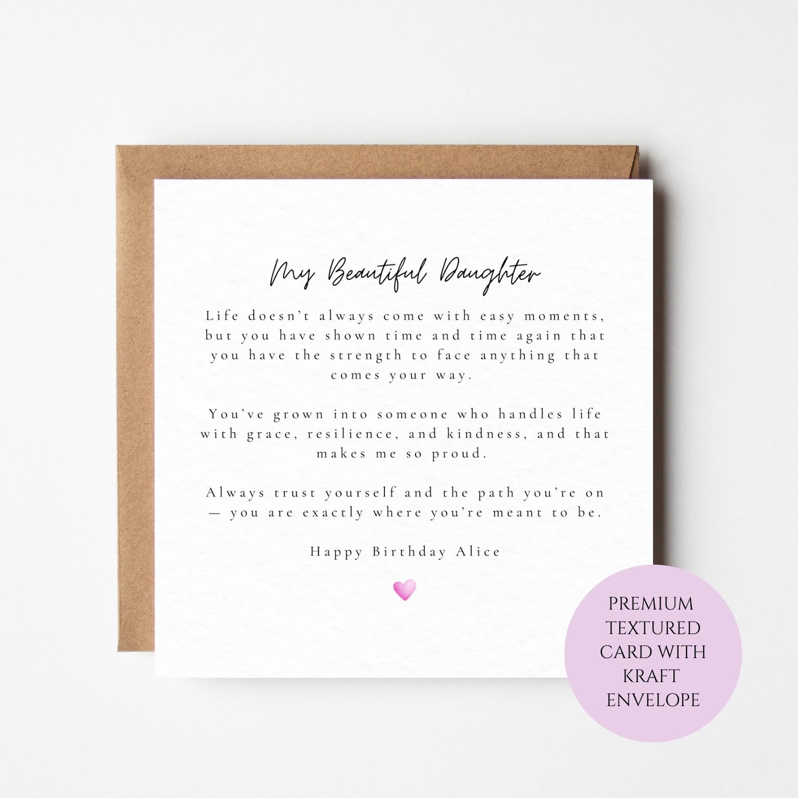 Personalised Daughter Birthday Card, Strength Resilience Kindness Message, Proud Gift