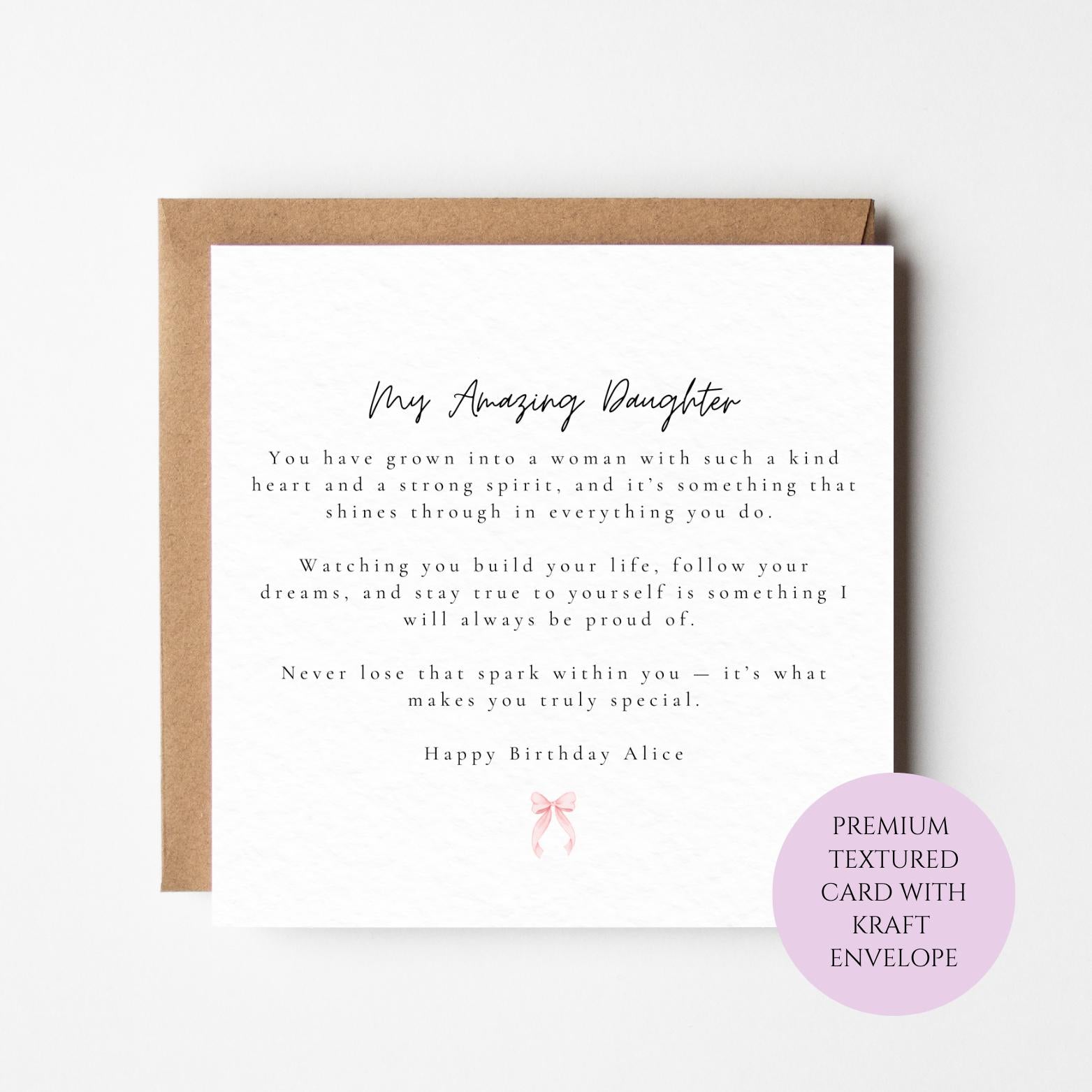 Personalised Daughter Birthday Card, Kind Heart Strong Spirit Message, Keepsake Gift