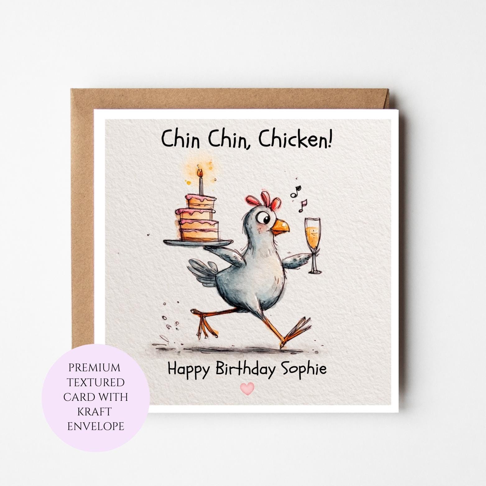Funny Chicken Birthday Card, Dancing Hen with Cake and Champagne, Whimsical Animal Greeting Card
