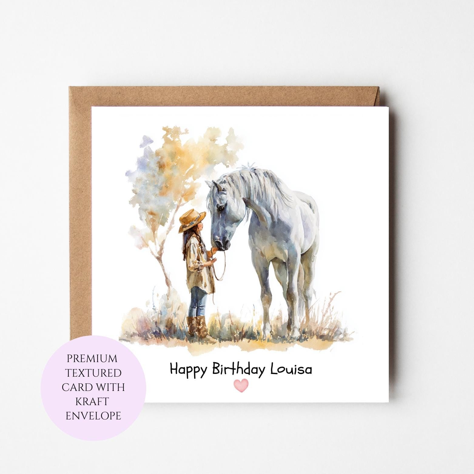 Watercolor Horse Birthday Card, Girl and White Horse Equestrian Art