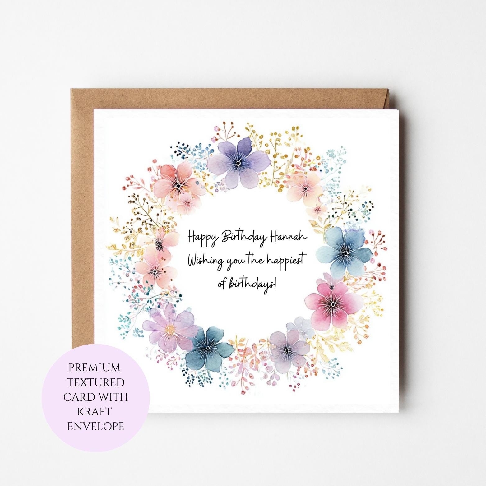 Floral Wreath Birthday Card, Pastel Blooms, Elegant Design, Cardstock