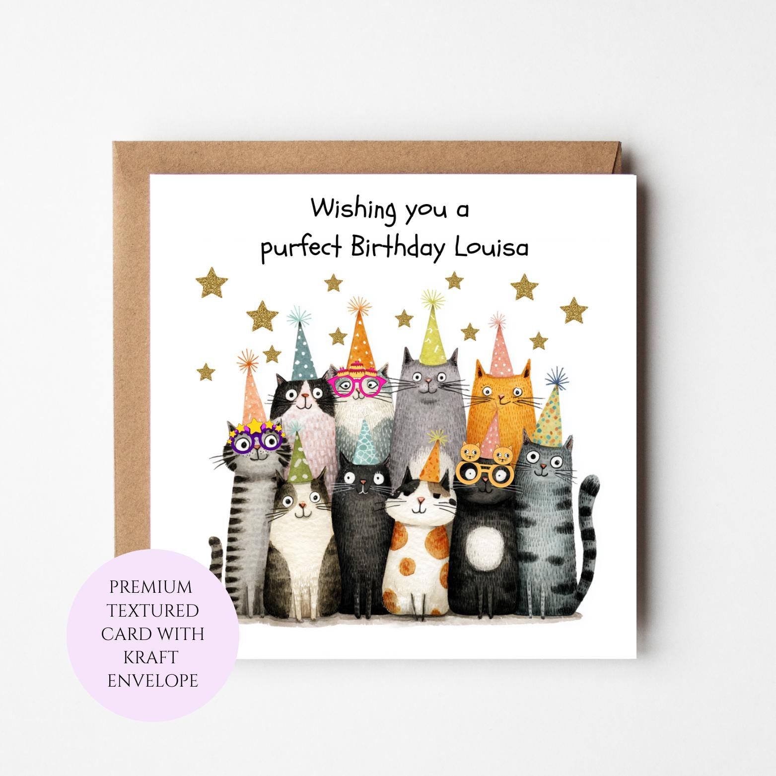 Party Cats Birthday Card, Whimsical Feline Illustration, Cat Lover Greeting Card