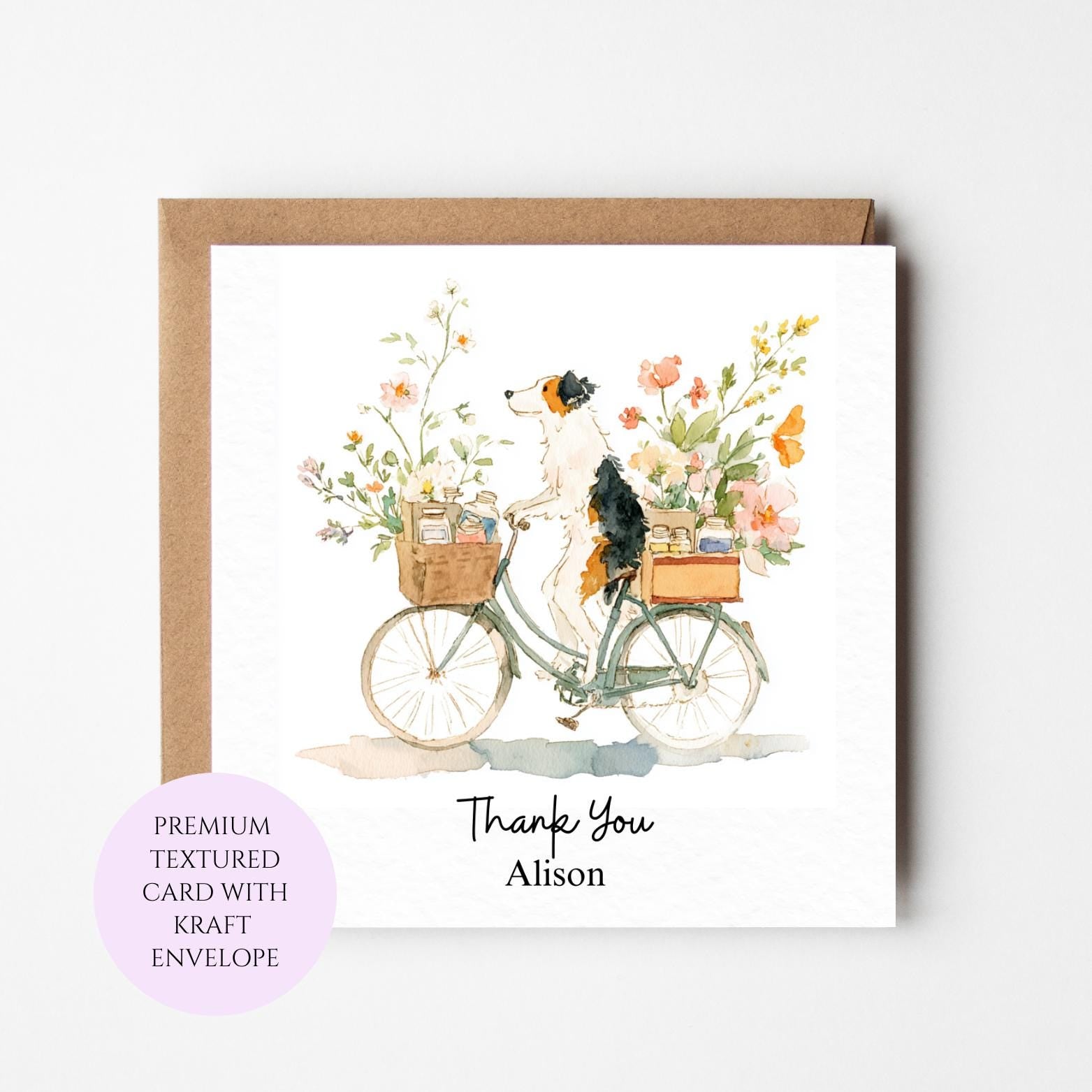 Dog on Bicycle Thank You Card, Floral Watercolor Stationery, Dog Lover Gift