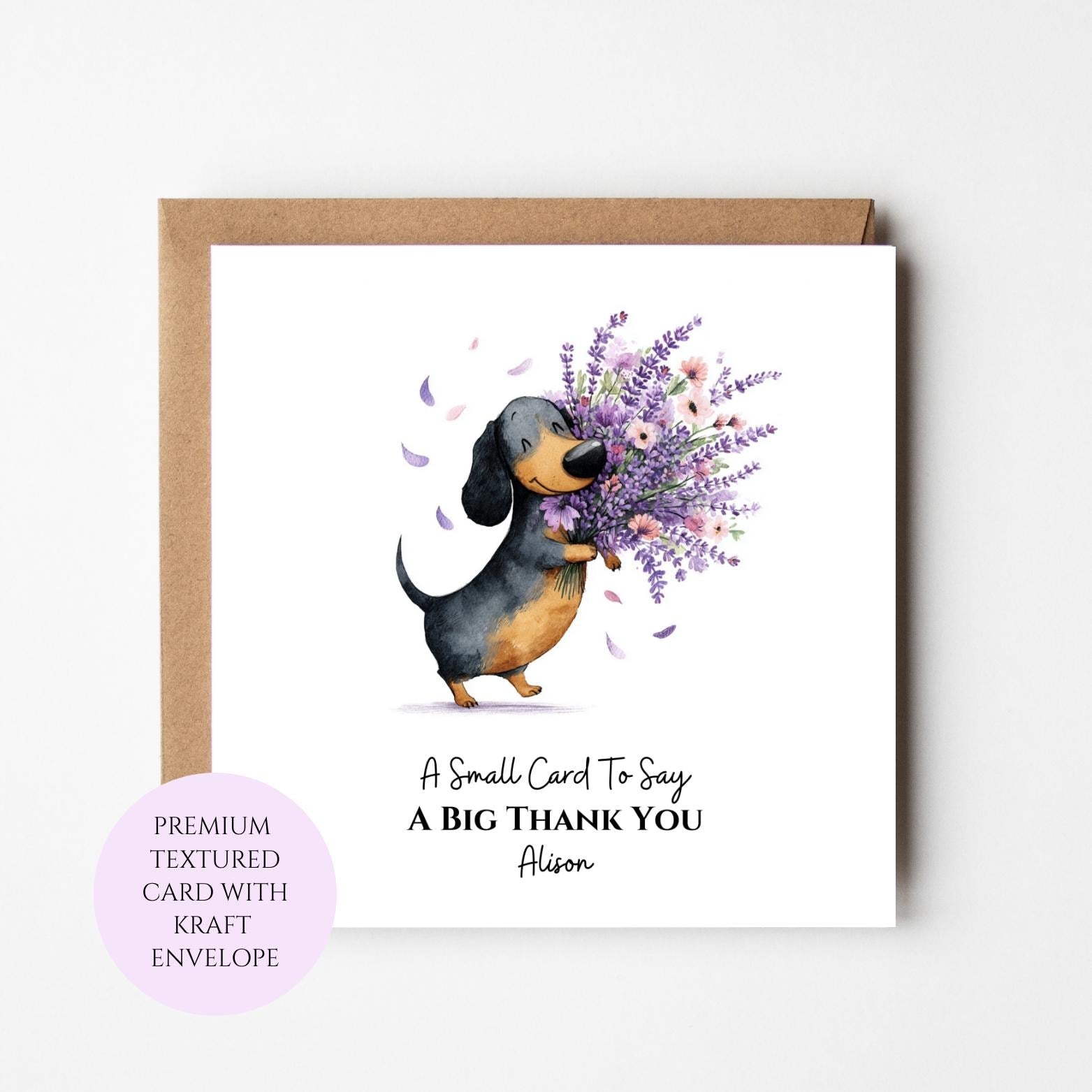Personalised Dachshund Card, Lavender Floral Sausage Dog Thank You