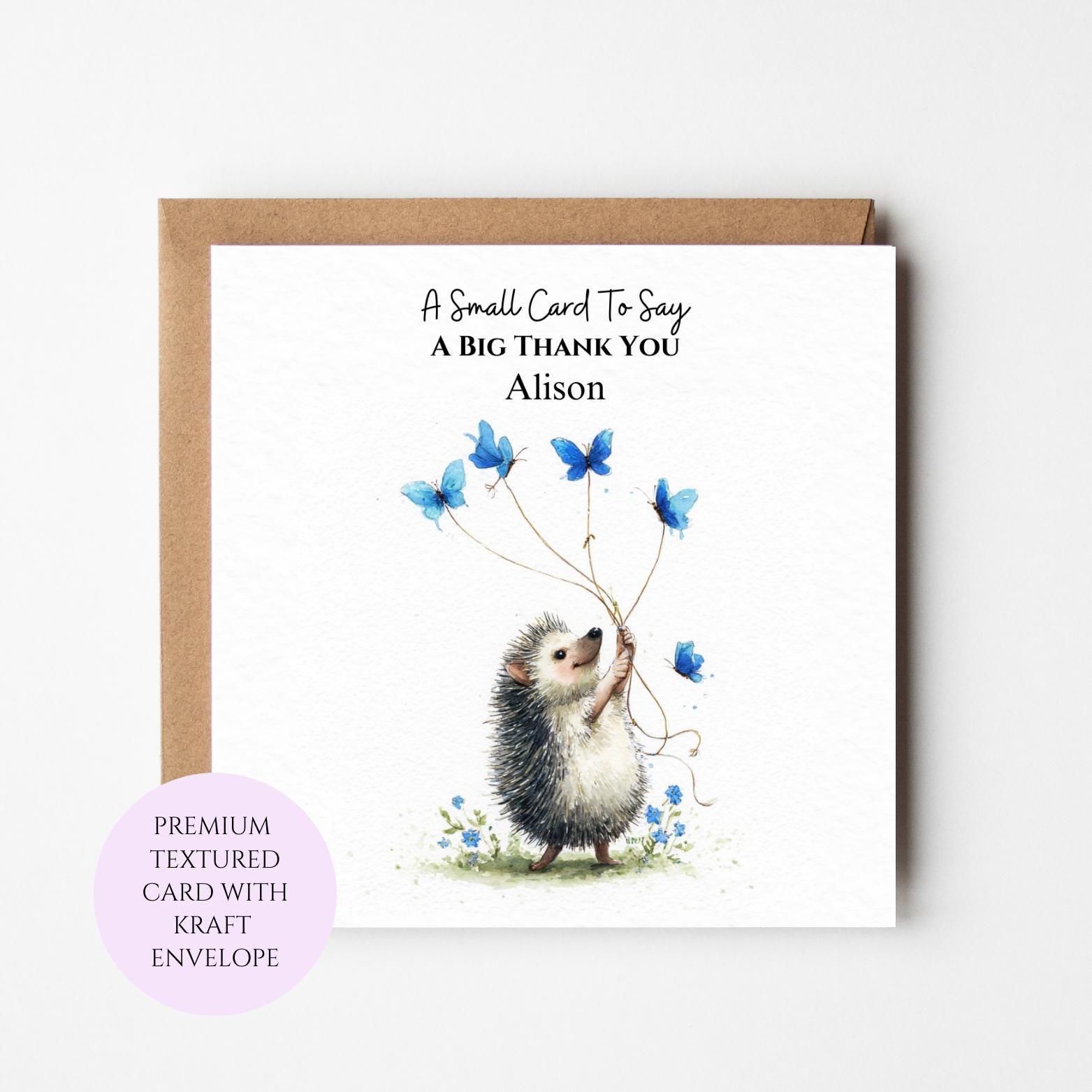 Personalised Hedgehog Butterfly Thank You Card, Whimsical Animal Stationery, Kraft Envelope