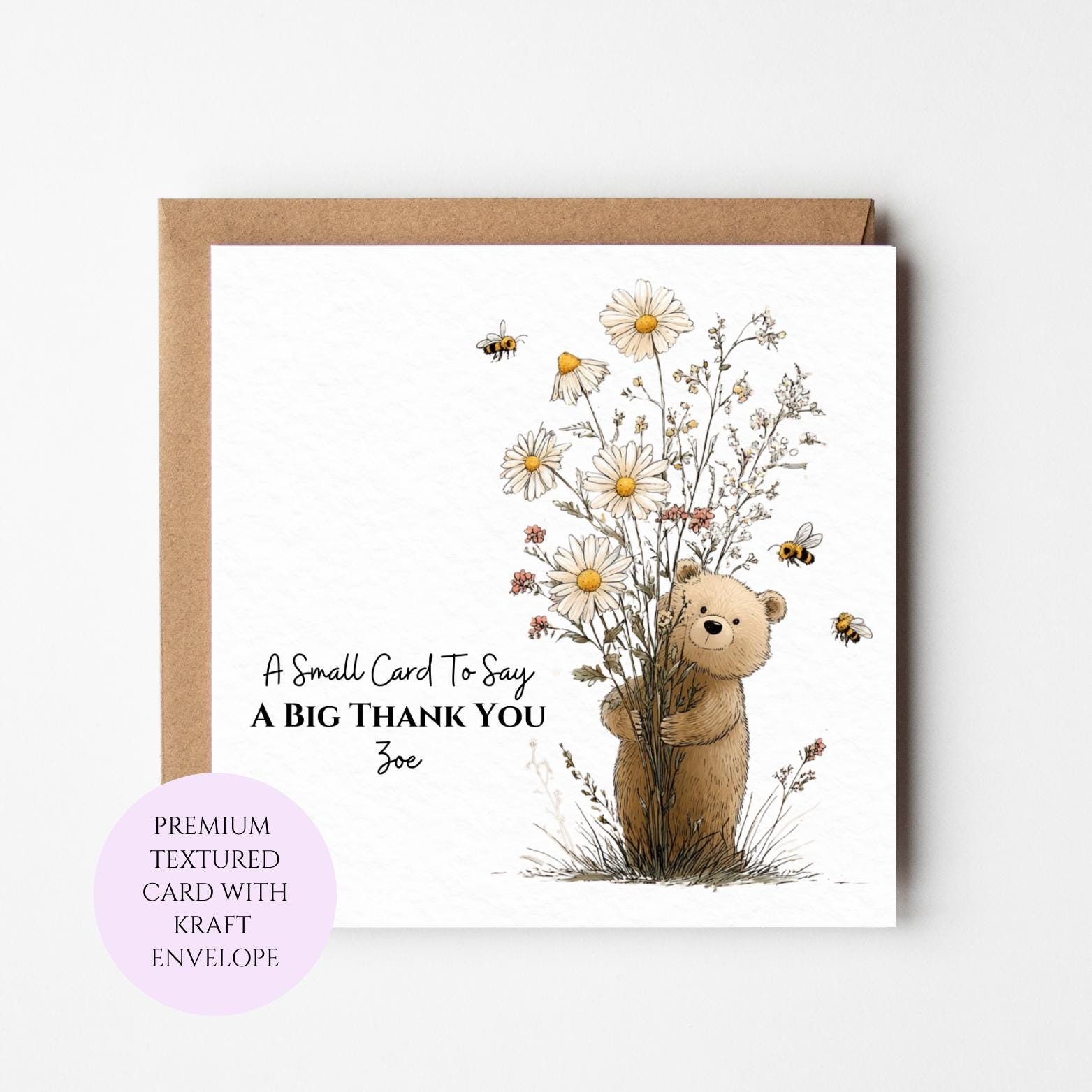 Personalised Bear Thank You Card, Bee and Flowers, Animal Appreciation Card