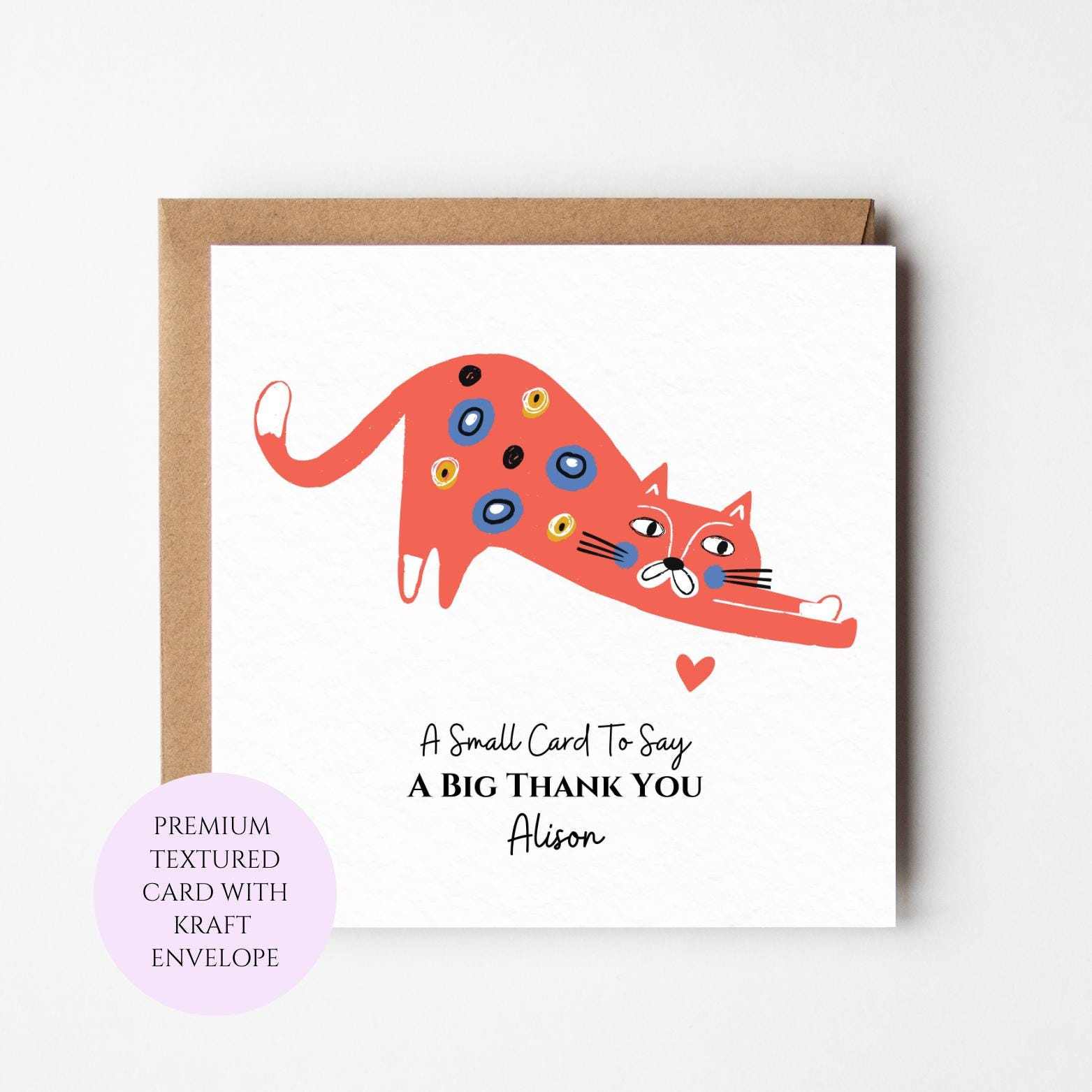 Whimsical Cat Thank You Card, Colourful Sketch Style, Animal Greeting Card