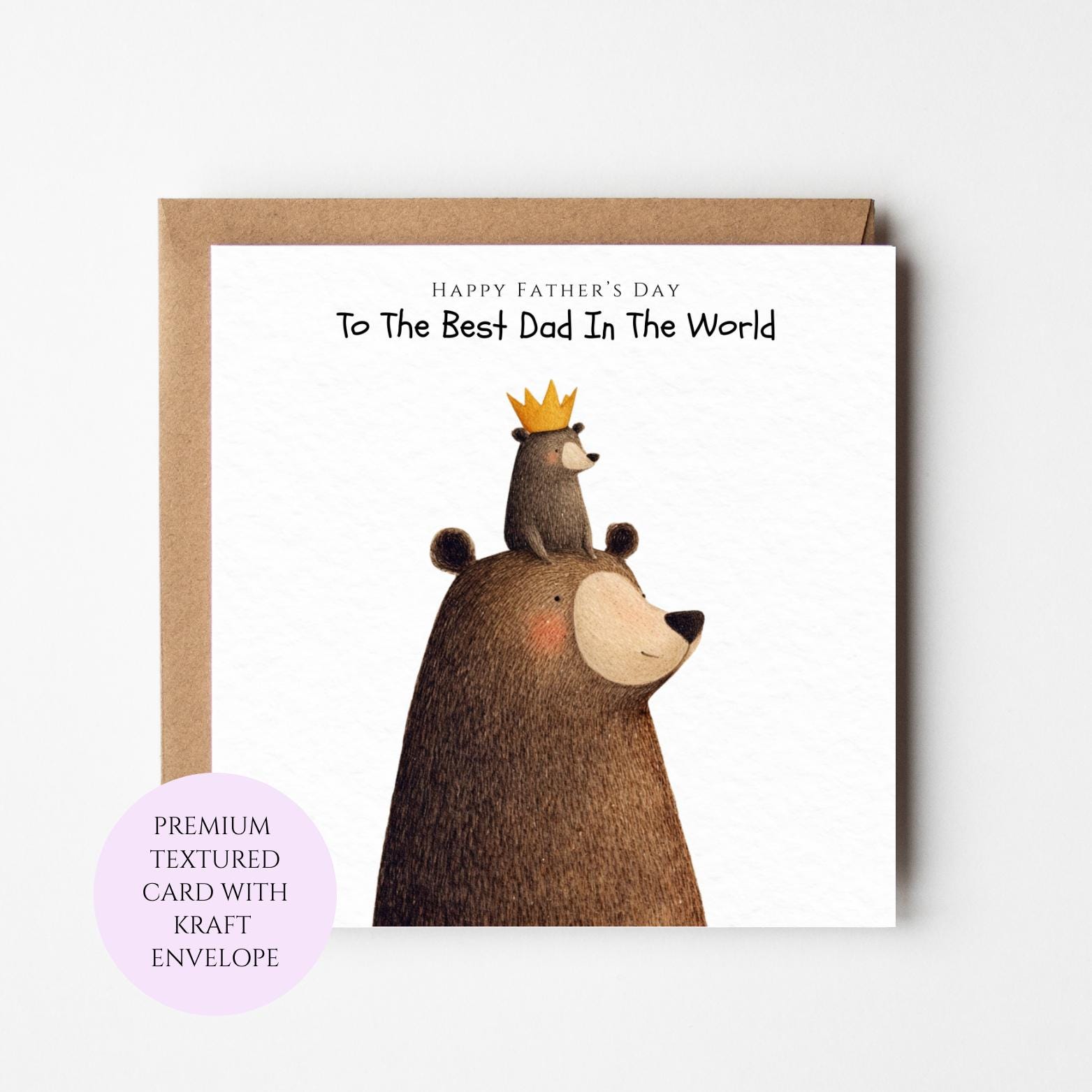 Bear Dad and Baby Fathers Day Card, Animal Illustration, Textured Card (Kraft Envelope)