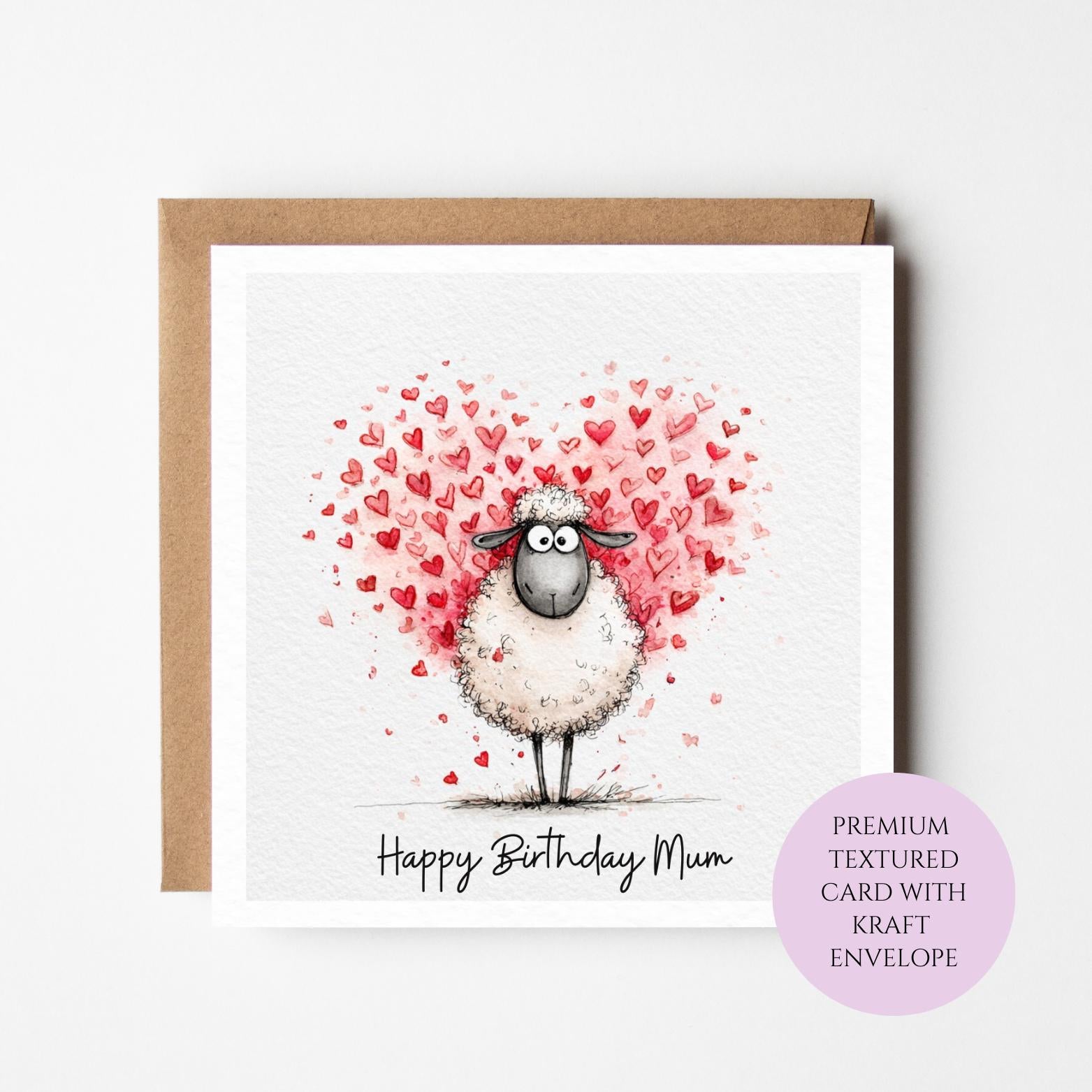 Mum Birthday Card: Sweet Sheep and Hearts (Luxury Textured Cardstock)