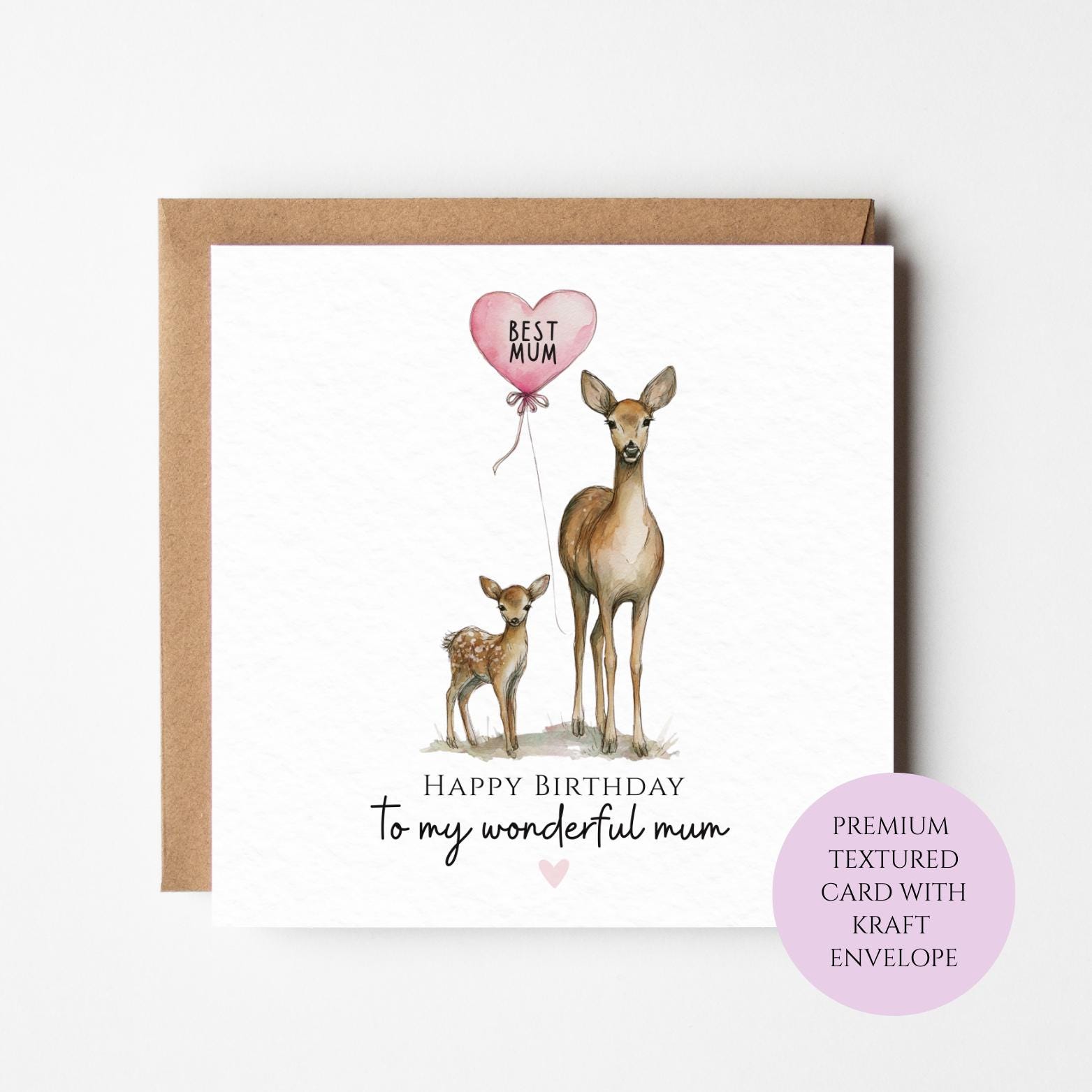 Watercolor Deer Birthday Card: Mum and Fawn with Balloon