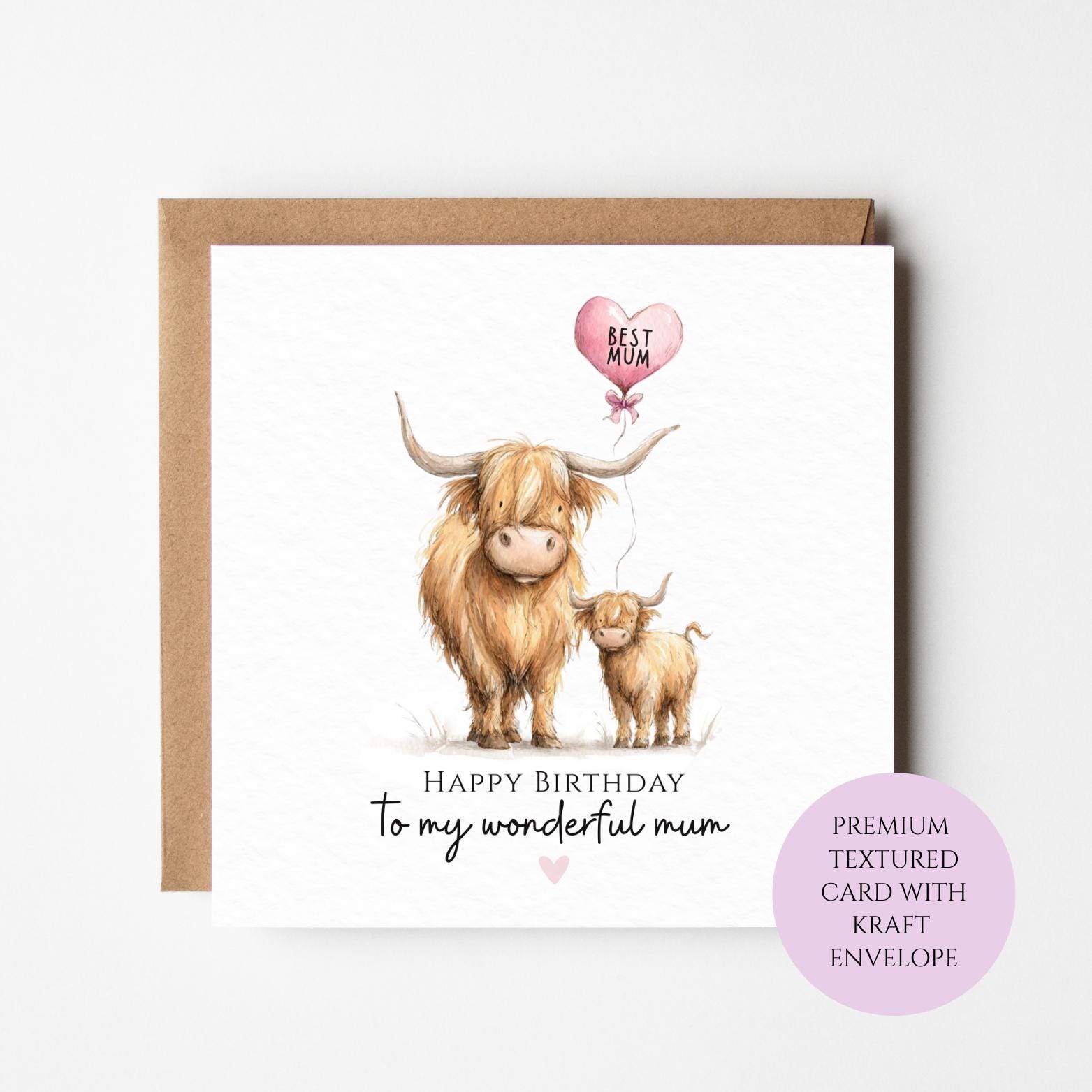 Birthday Card for Mum: Highland Cow and Calf Illustration (Rustic Style)