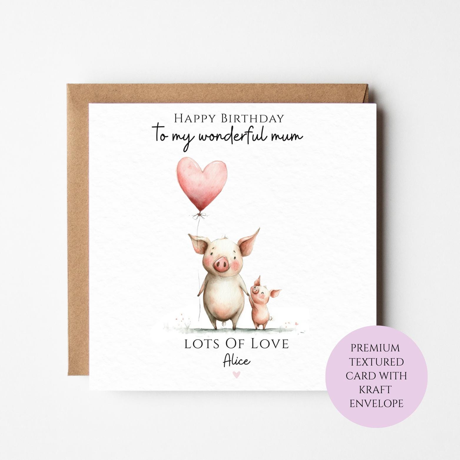 Birthday Card for Mum: Pig and Piglet with Heart Balloon (Animal Lover)