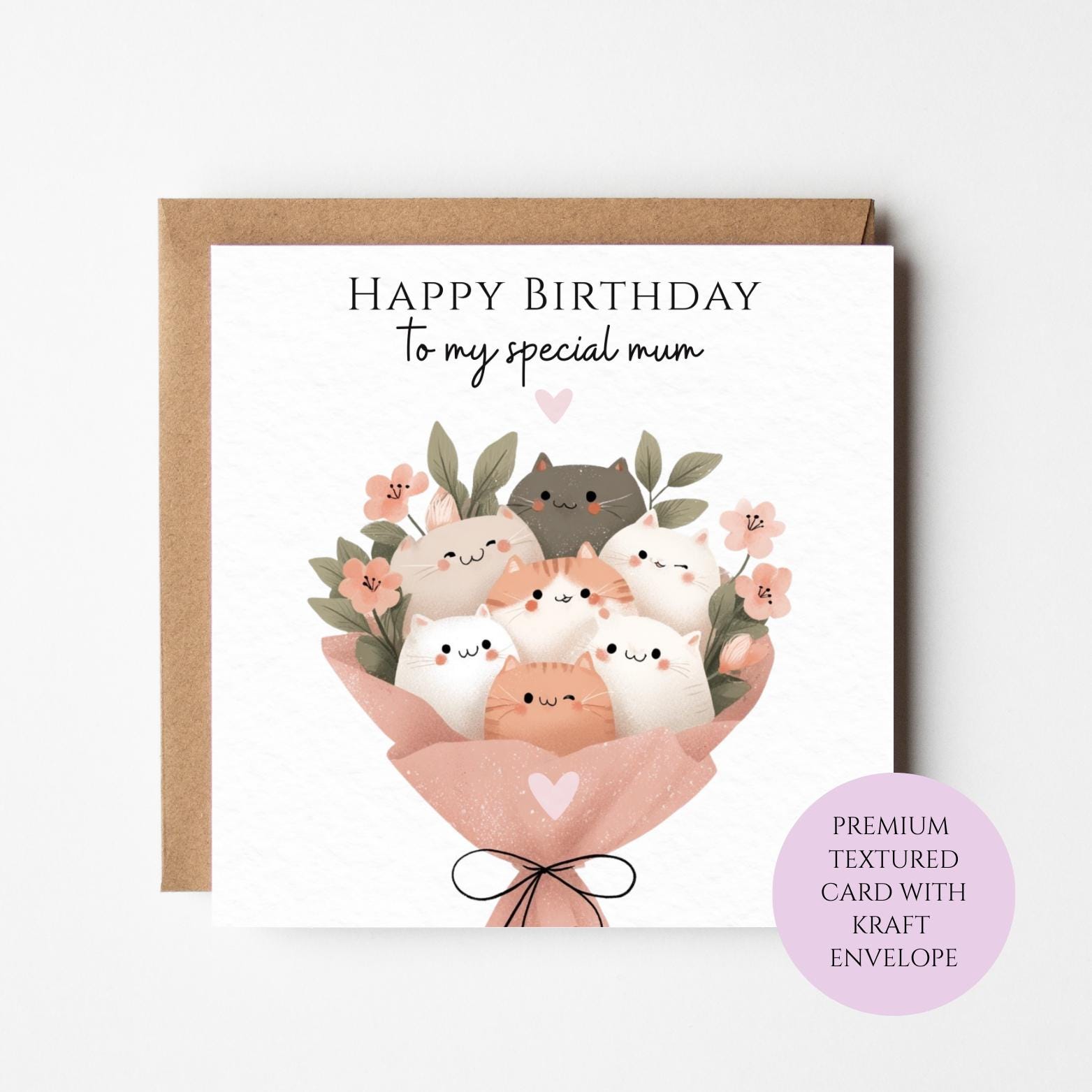 Birthday Card for Mum: Cat Bouquet and Flowers (Textured Cardstock)