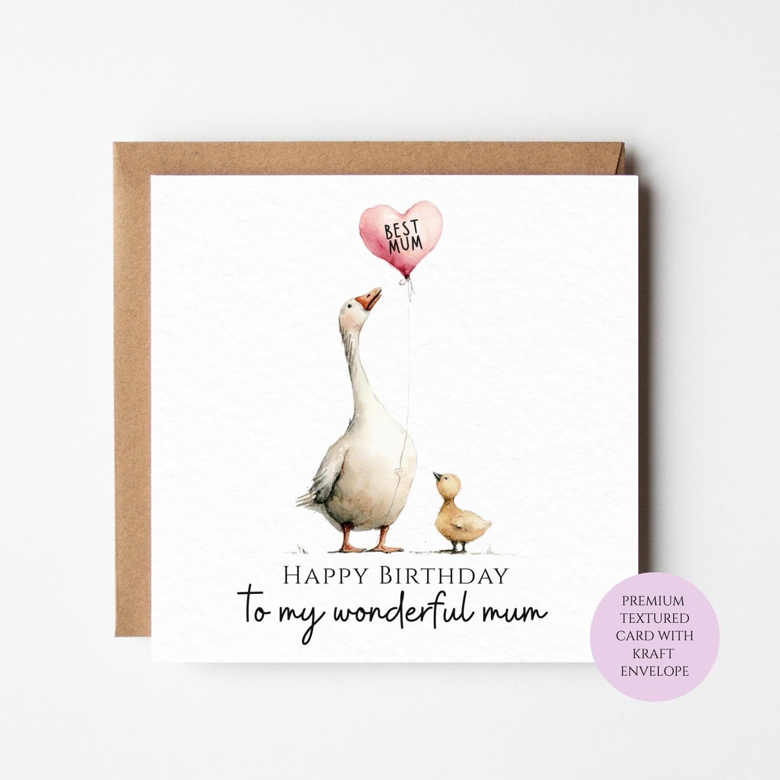 Goose Mum Birthday Card: Watercolor Bird with Pink Balloon
