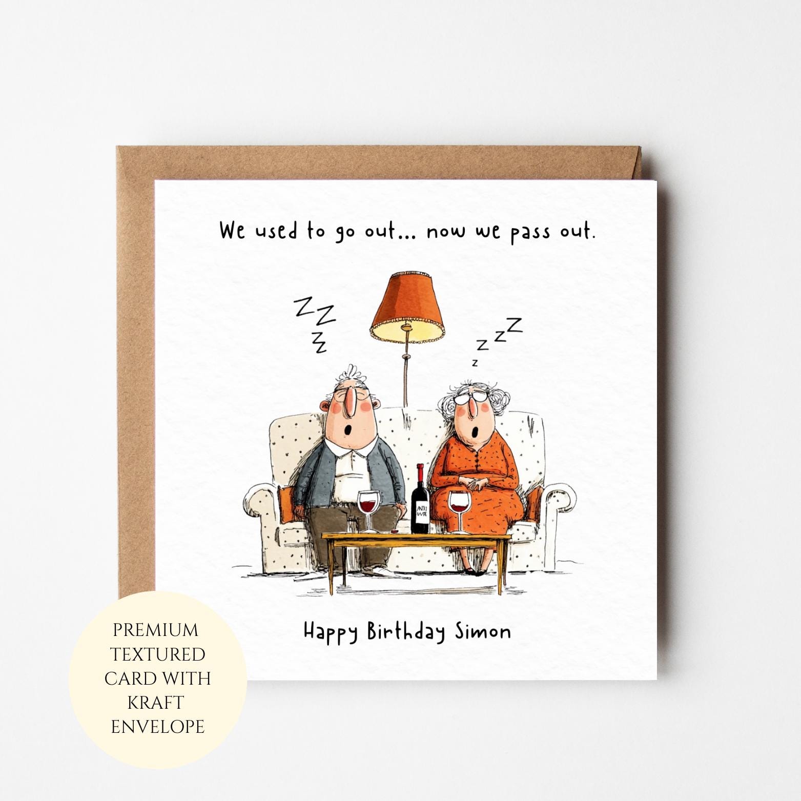 Personalised Humorous Birthday Card: Old Couple Passing Out