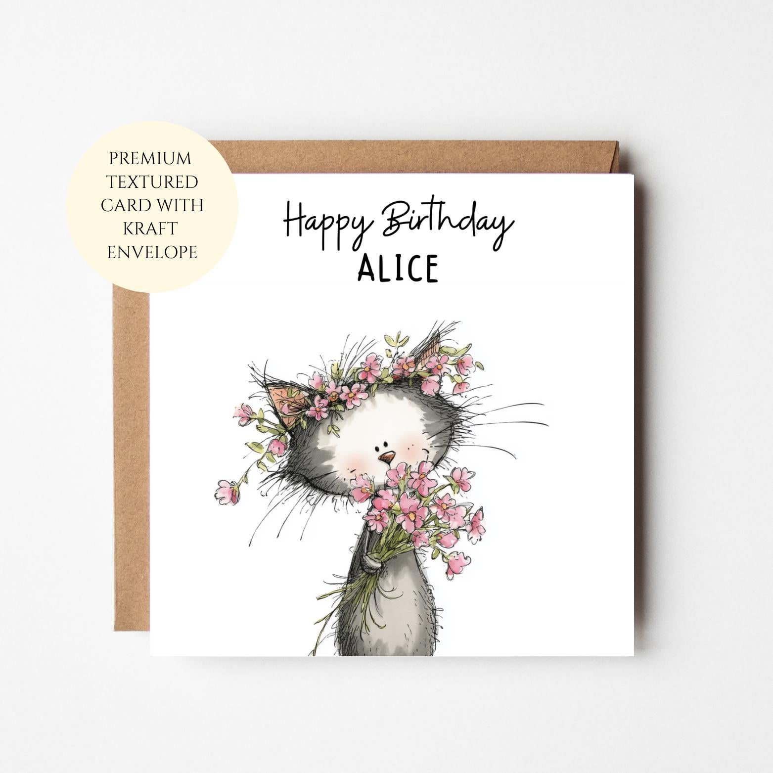Personalised Cat Birthday Card, Floral Whimsical Animal Design, Textured Card, Kraft Envelope