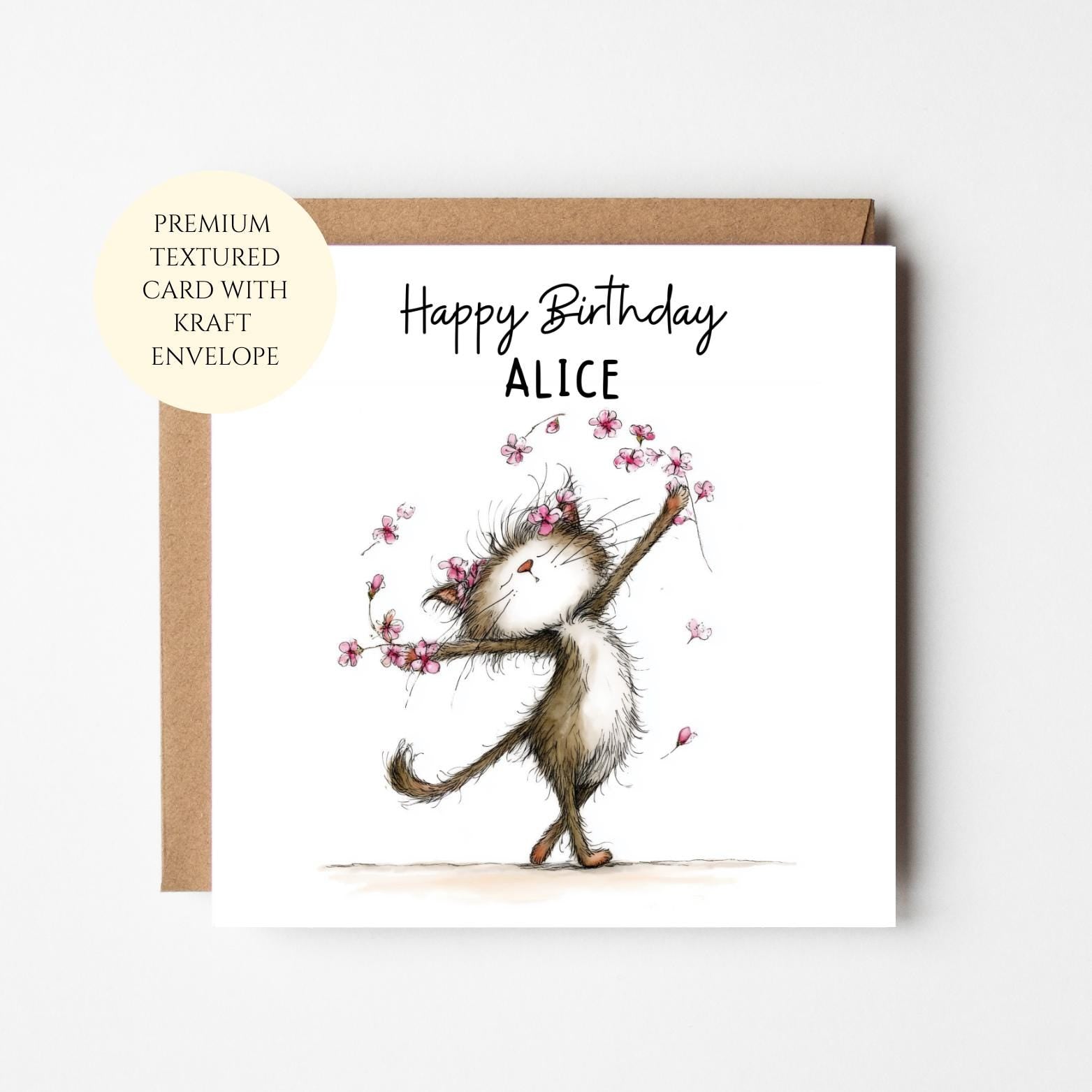 Personalised Cat Lover Birthday Card, Floral Illustration