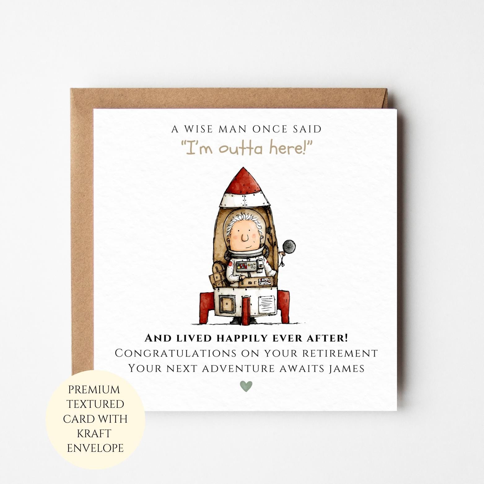 Rocket Adventure Retirement Card - Fun Design with Personalised Text
